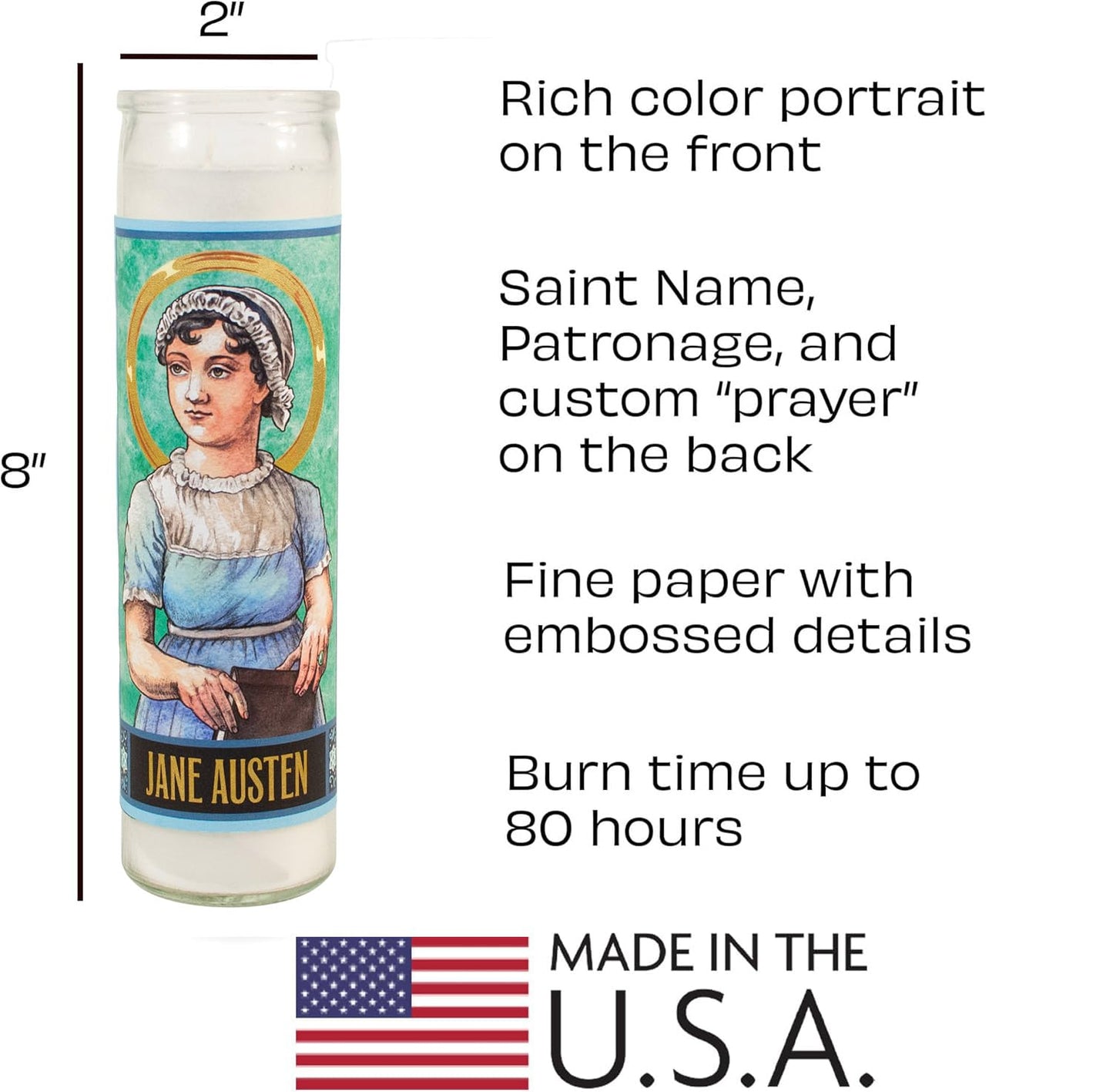 The Unemployed Philosophers Guild Jane Austen Secular Saint Candle - Unscented 8 Inch Tall Glass Prayer Votive, Made in The USA, Vegetarian Wax
