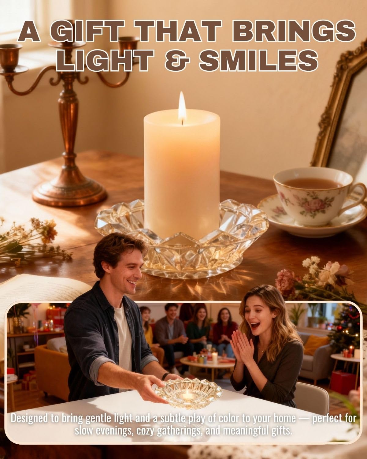 Loyipu Large Lotus Glass Candle Holder for 3-Wick Candles (Fits 4.5" Jars) – Crystal Candle Tray for Large Jar Candles, Scented Candles & Reed Diffusers(Champagne Gold)