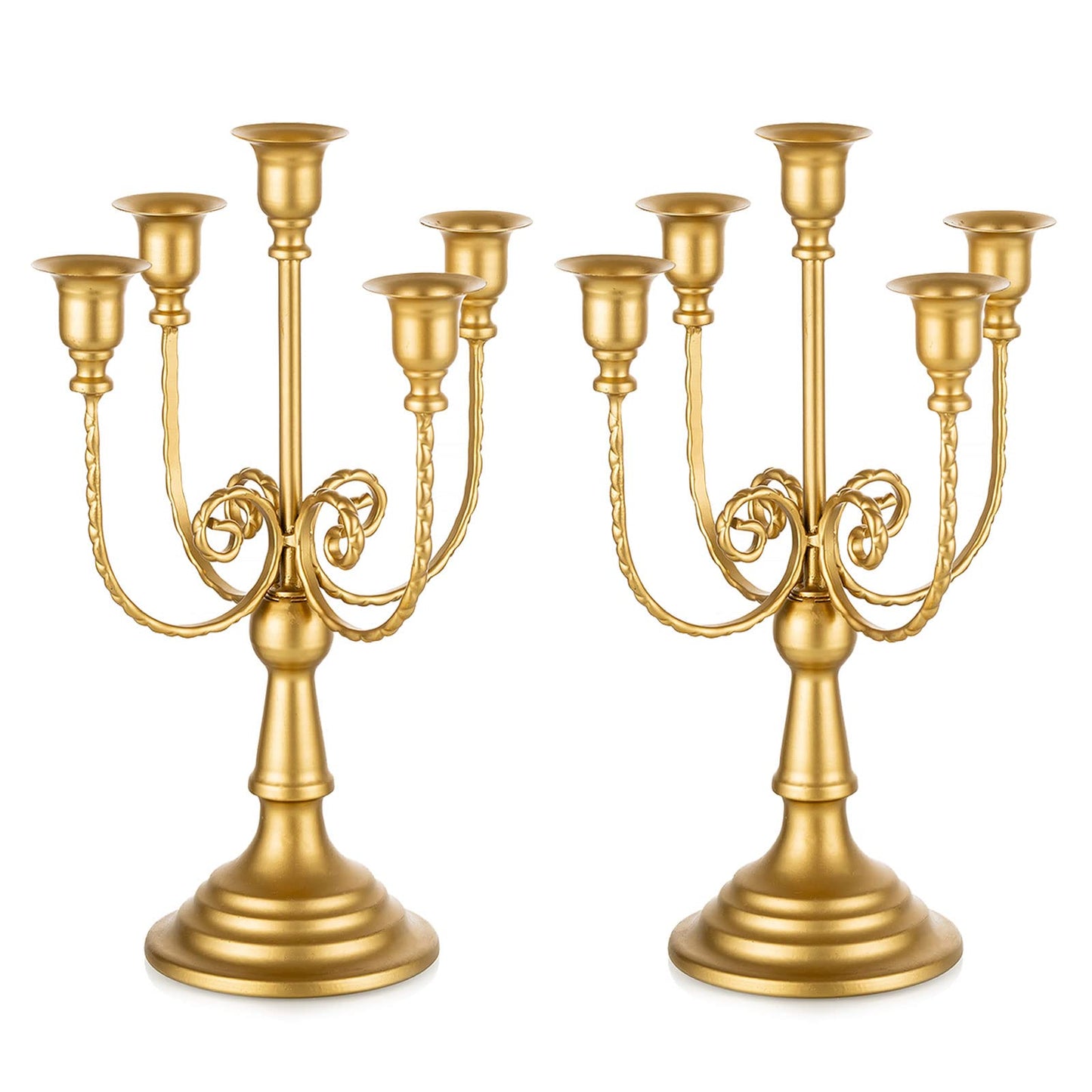 Romadedi Candelabra Gold Candle Holders - 5 Arm 11.8" Wedding Candlestick Holder for Theme Party Table Centerpiece Decor Dining Room Birthday Holiday Christmas, Set of 2