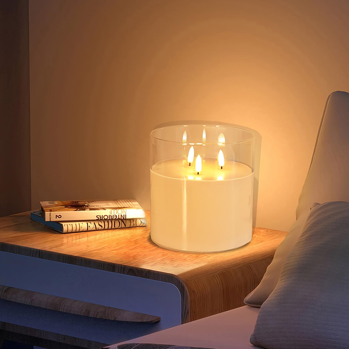 NICEME Extra Large 3 Wick Battery Operated Candle, 6"x6" Big Clear Glass Flameless Candles with Remote, Real Wax Flickering Led Pillar Fake Giant Candle for Wedding Party Holiday Home Decor, White