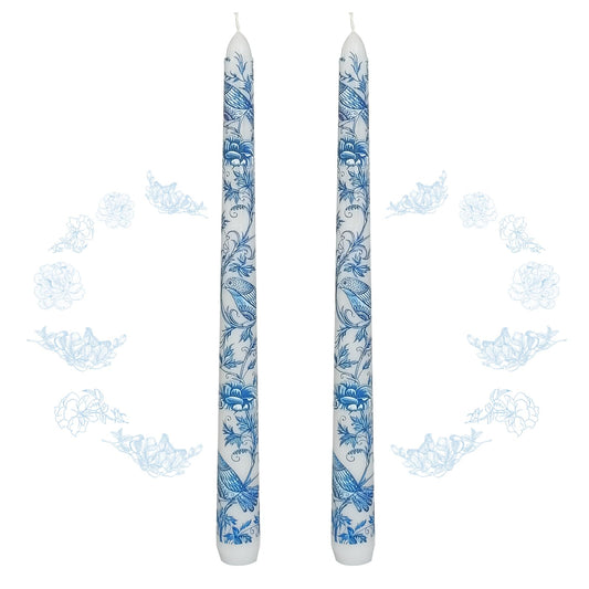 Blue and White Porcelain Taper Candles 10 Inch Print Candle Handmade Unscented Mandarin Duck Long Candles 2 Pack Candlesticks for Wedding Home Decoration Gifts