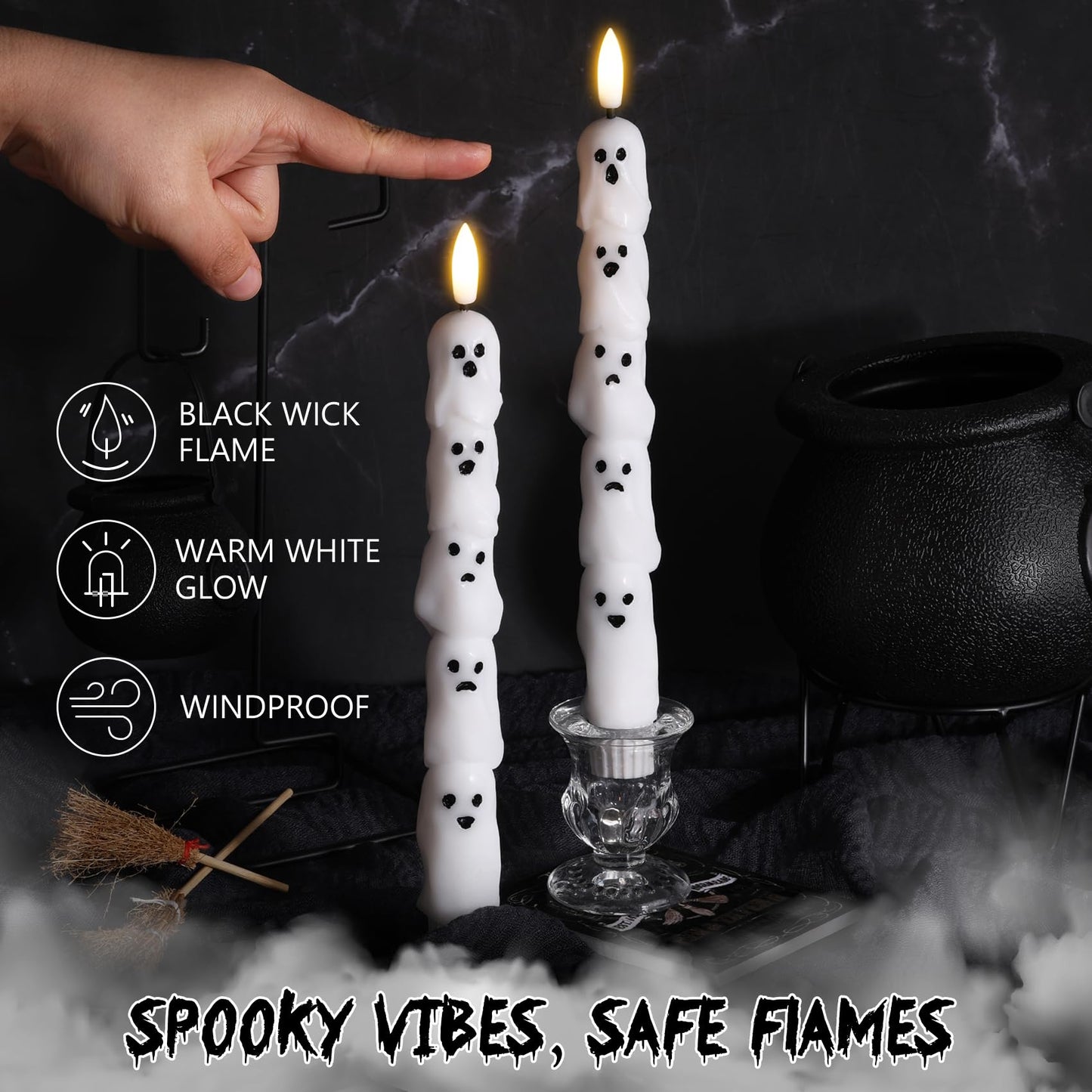 Eywamage Halloween Flameless Taper Candles with Remote, White Ghost LED Candlesticks Battery Operated Flickering Real Wax Set of 2