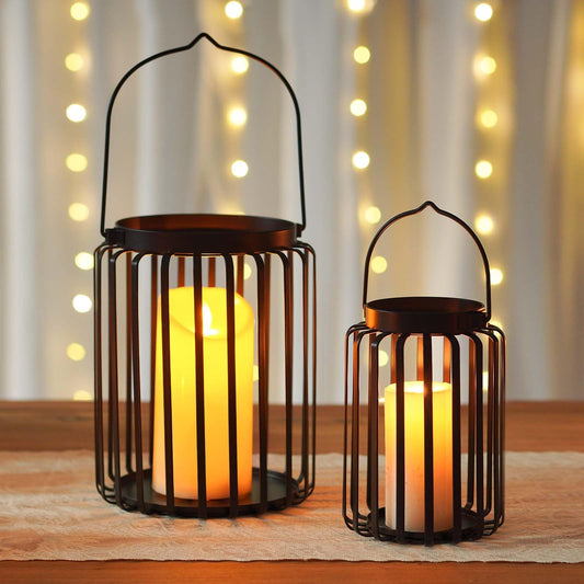 Kolnlala Farmhouse Lantern Decor Set of 2 - 9.5" & 14.2" Metal Candle Holders, Rustic Modern Vintage Style for Indoor Outdoor, Porch Patio Fireplace Mantle Wedding Decor (Black)