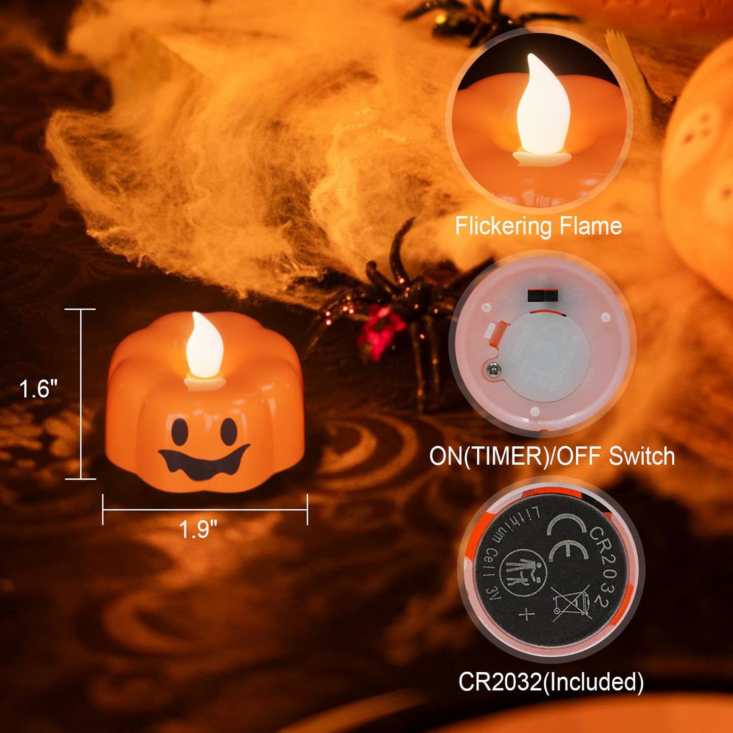 GenSwin Halloween Pumpkin Flameless Candles Lights with 6H Timer, 6 Pcs LED Flickering Tealights Candles Battery Operated, Ghost Face Tea Lights Candles for Fall Halloween Decoration (1.9” x 1.6”)