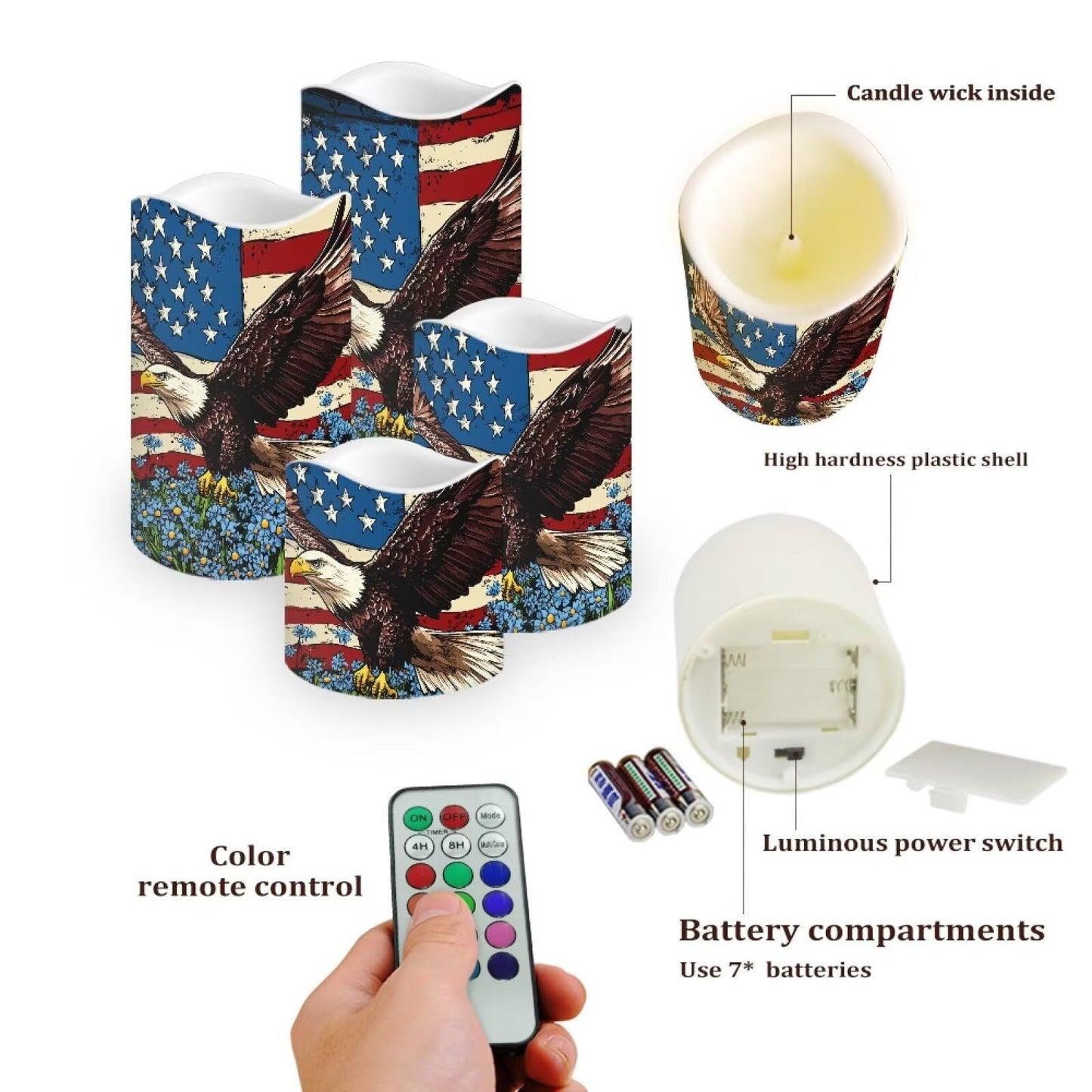 Uorisanigo USA Eagle Flag Floral Plastic Flameless Candles with Remote Control and Timer LED Flickering Battery Electric Pillar Candles for Table Patriotic Decoration