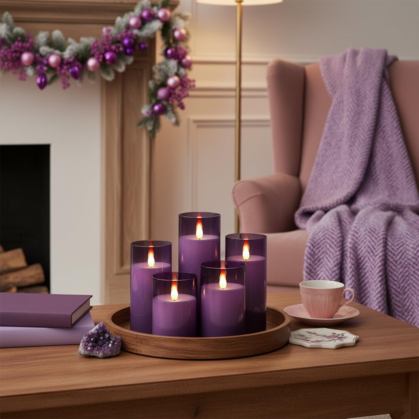 Homemory Purple Flickering Flameless Candles, Battery Operated Acrylic LED Pillar Candles with Remote Control and Timer, Purple Decor, Set of 5