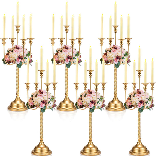 Rtteri 6 Pcs Gold Candelabra Candlestick Holder Metal Candle Stand Candelabra for Taper Candles Table Centerpieces Wedding Christmas Holiday Birthday Party (12.2 x 12.2 x 26.4 Inch,5 Arm)