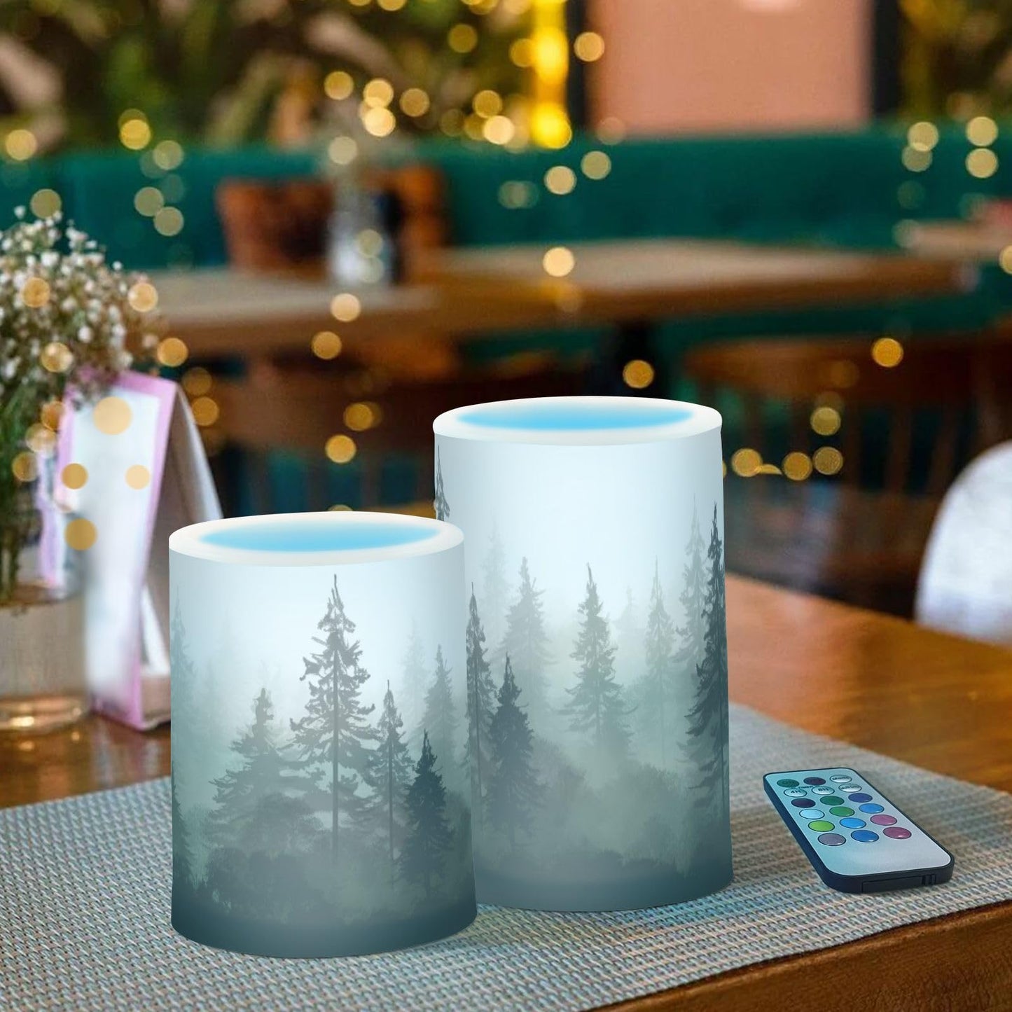 GUIJI Pine Trees Flameless Candles with Remote - Set of 2 Battery Operated Pillar Candles for Home Decoration, Christmas, Party