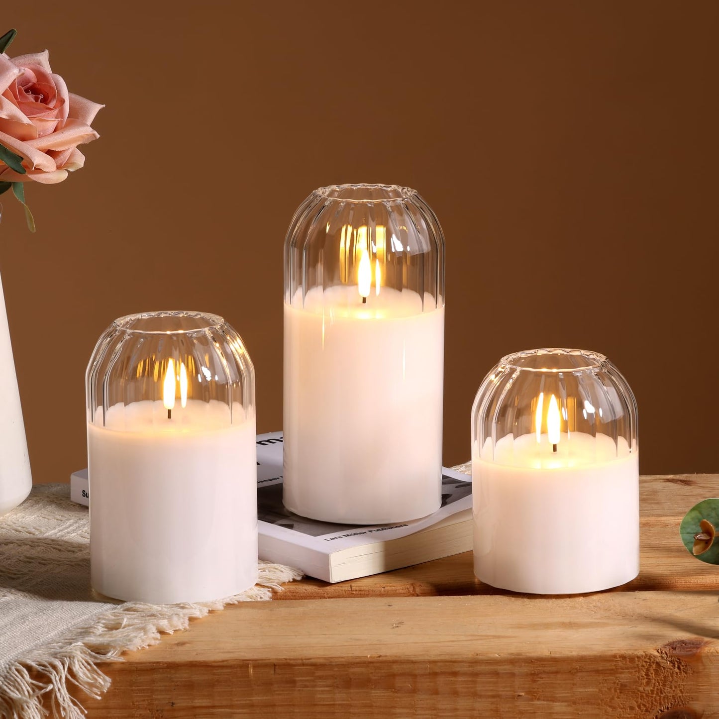 Girimax Clear Glass Flameless Candles with Remote, Flickering LED Pillar Candles Battery Powered Ribbed Dome Top Set of 3