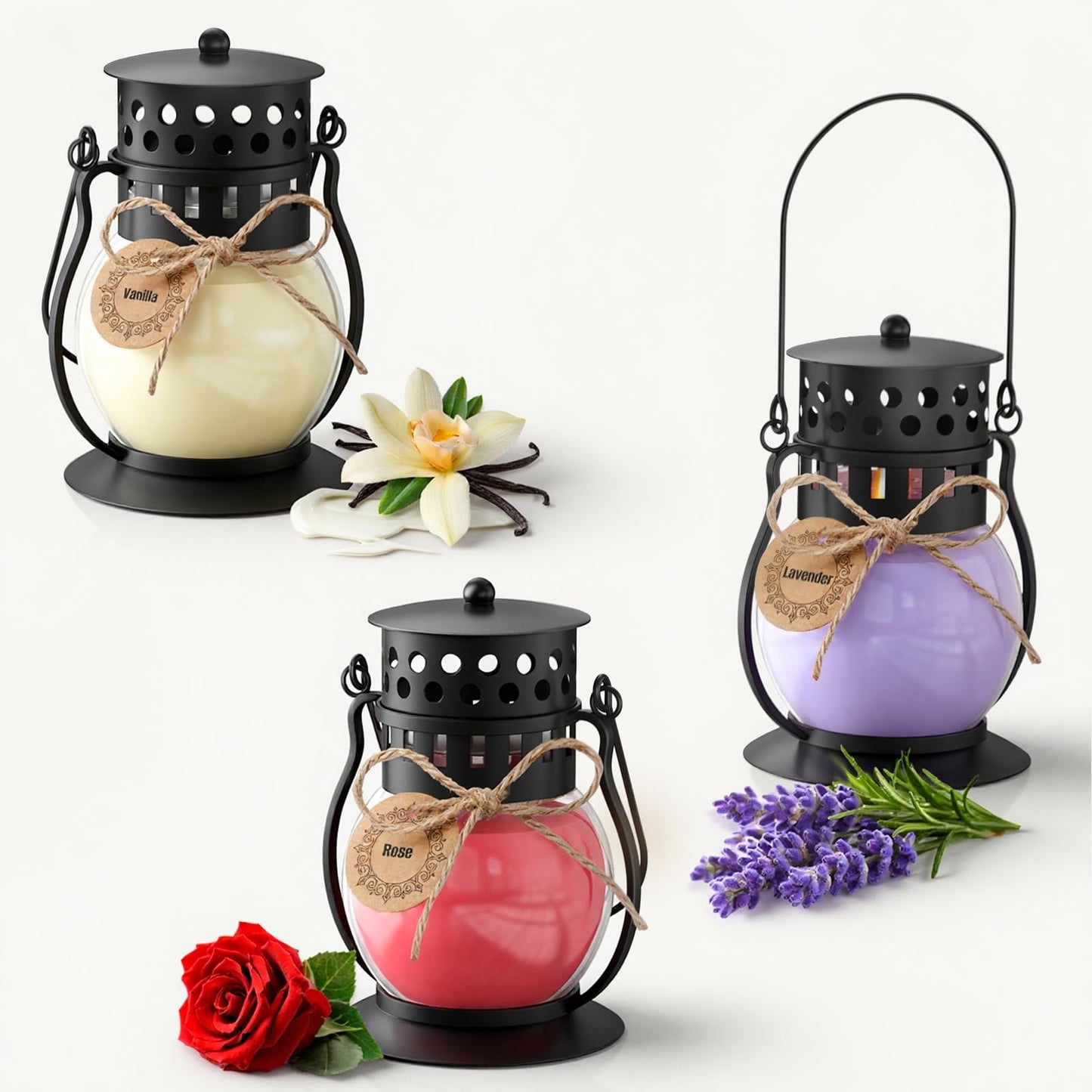Scented Candles for Home, 3 Pack Fall Candle Set Natural Soy Wax, Retro Lantern Candles Autumn Gifts Set for Women Men, Aromatherapy Candle of Vanilla, Rose, Lavender