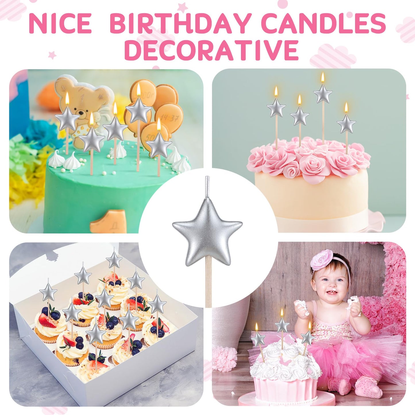 16 Pack Star Candles for Cake Birthday Star Shaped Sparkler Candles Stereo Cake Topper Decorations for Birthday Party Supplies(Silver)