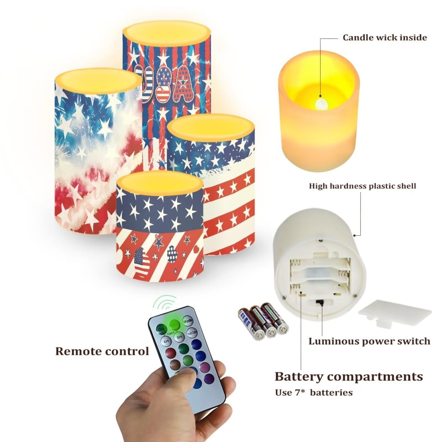 NETILGEN American Flag LED Flameless Candles Set Battery Operated Pack of 4 with Remote Control Timer Dancing Flame Pillar Candles for July 4th Independence Day Decoration