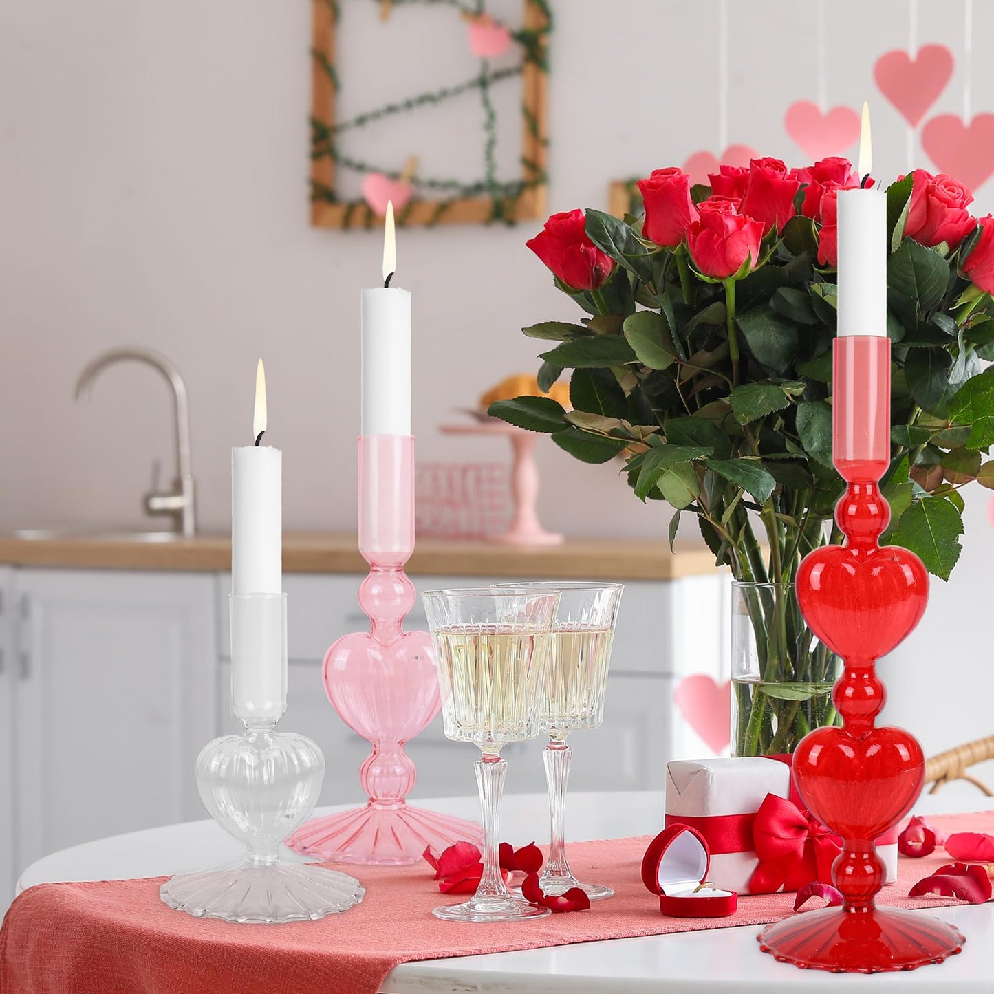 JarThenaAMCS 3Pcs Valentine's Day Taper Candle Holder Glass Candlestick Holder Clear Red Pink Heart Candle Stick Vase for Wedding Anniversary Party Table Centerpiece Decor