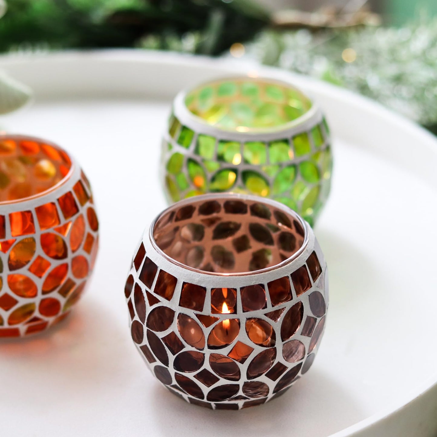 SHMILMH Mosaic Candle Holders Set of 4, Handmade Glass Tealight Votive Holders, Fall Thanksgiving Diwali Decor, Autumn Wedding Party Table Centerpiece, Brown Orange Green