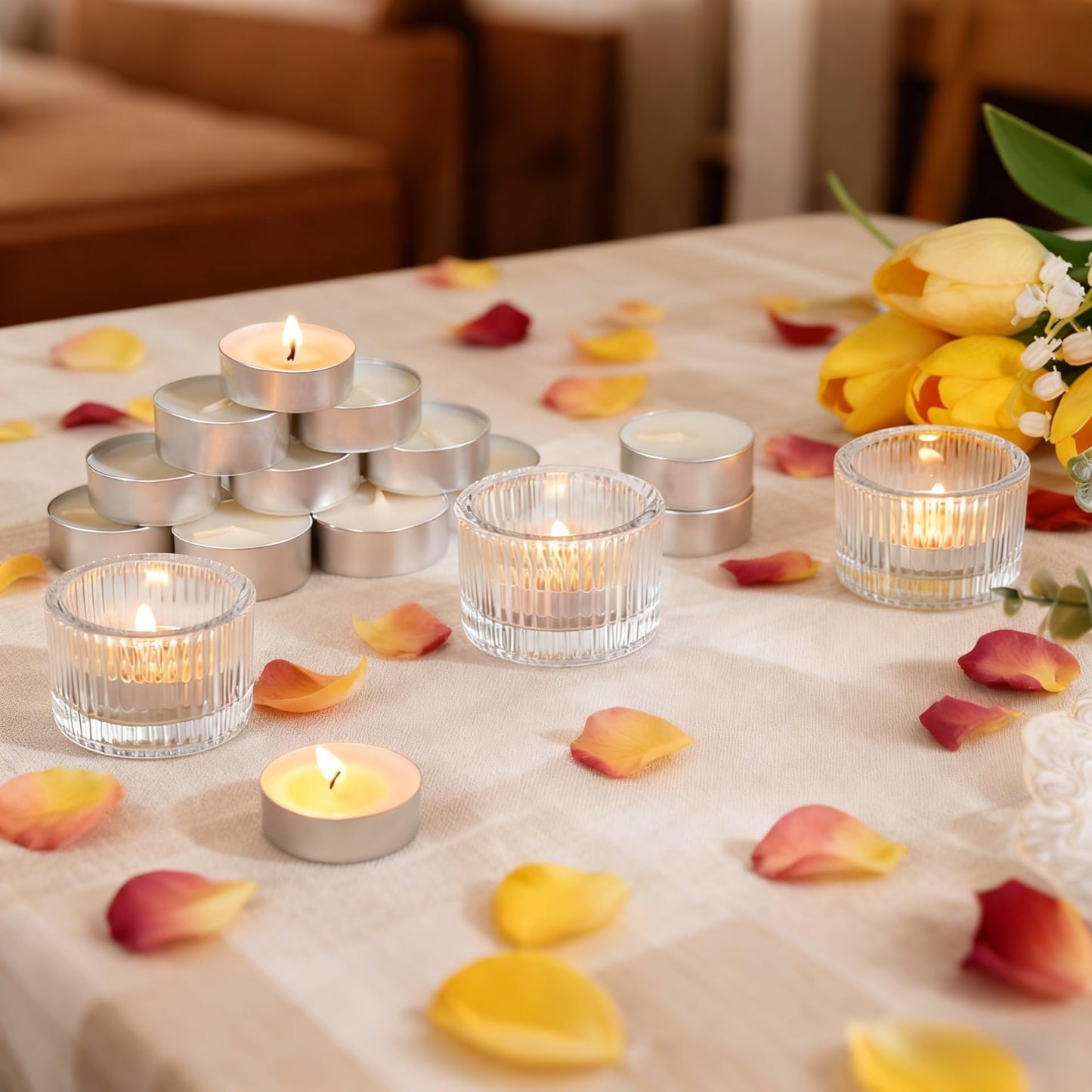 Round Clear Votive Candle Holders Set of 12, Purple Wedding Centerpiece Table Decorations, Mercury Glass Tealight Candle Holder for Bridal Shower, Baby Shower & Home Decor (Clear)
