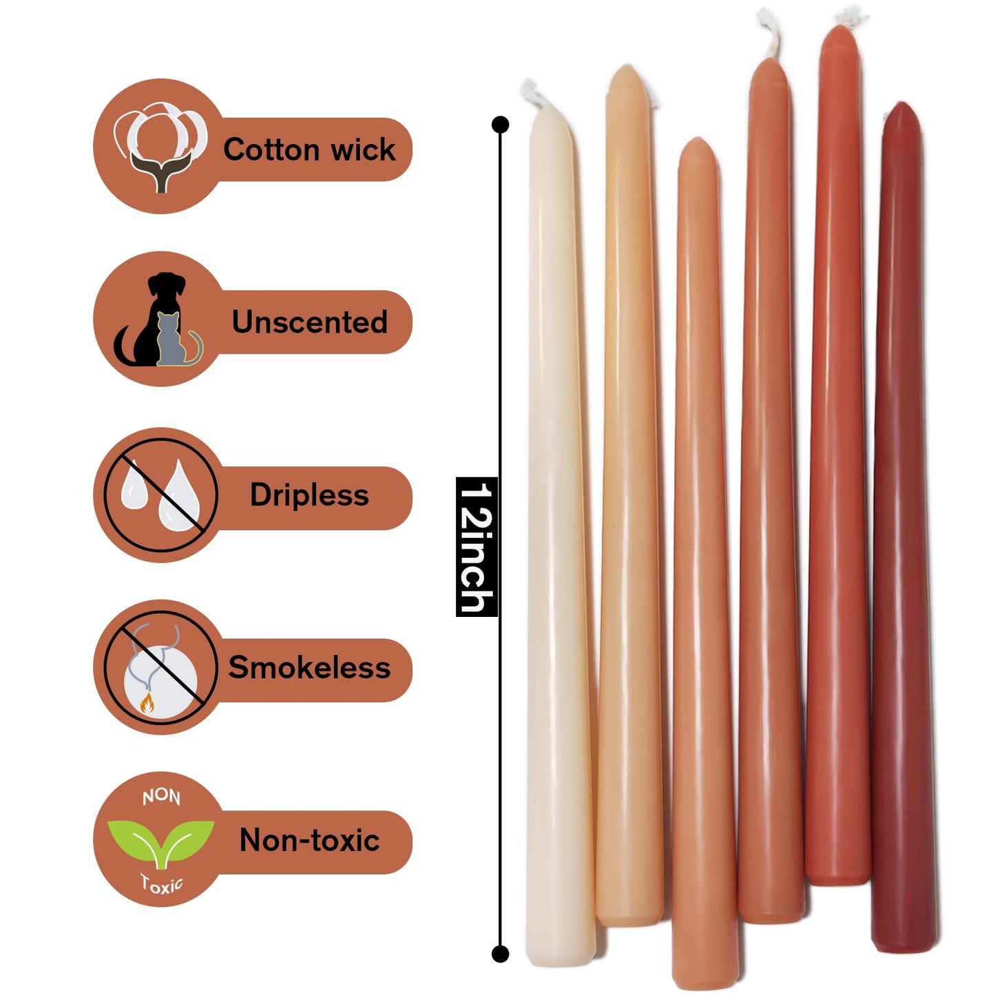 12 Inch Taper Candles 6 Pcs Unscented, Smokeless, Dripless Long Tapered Candlesticks Candles for Christmas Birthday Dinner Wedding Party Home Decor