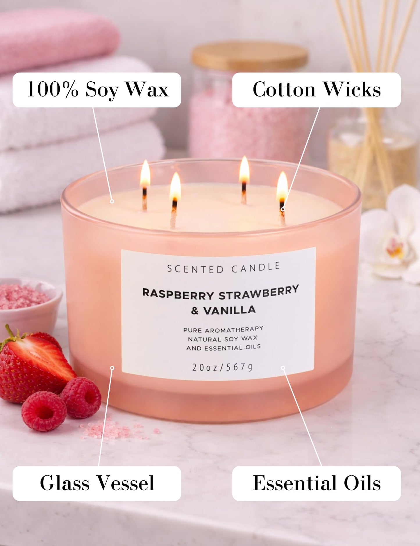 Raspberry Strawberry Vanilla Scented Candle | 4 Wick Extra Large Soy Candle 20 oz | Strong Scented Fruity Aromatherapy Candle for Women | Sweet Berry Vanilla Home Scent | Long Lasting Clean Burn