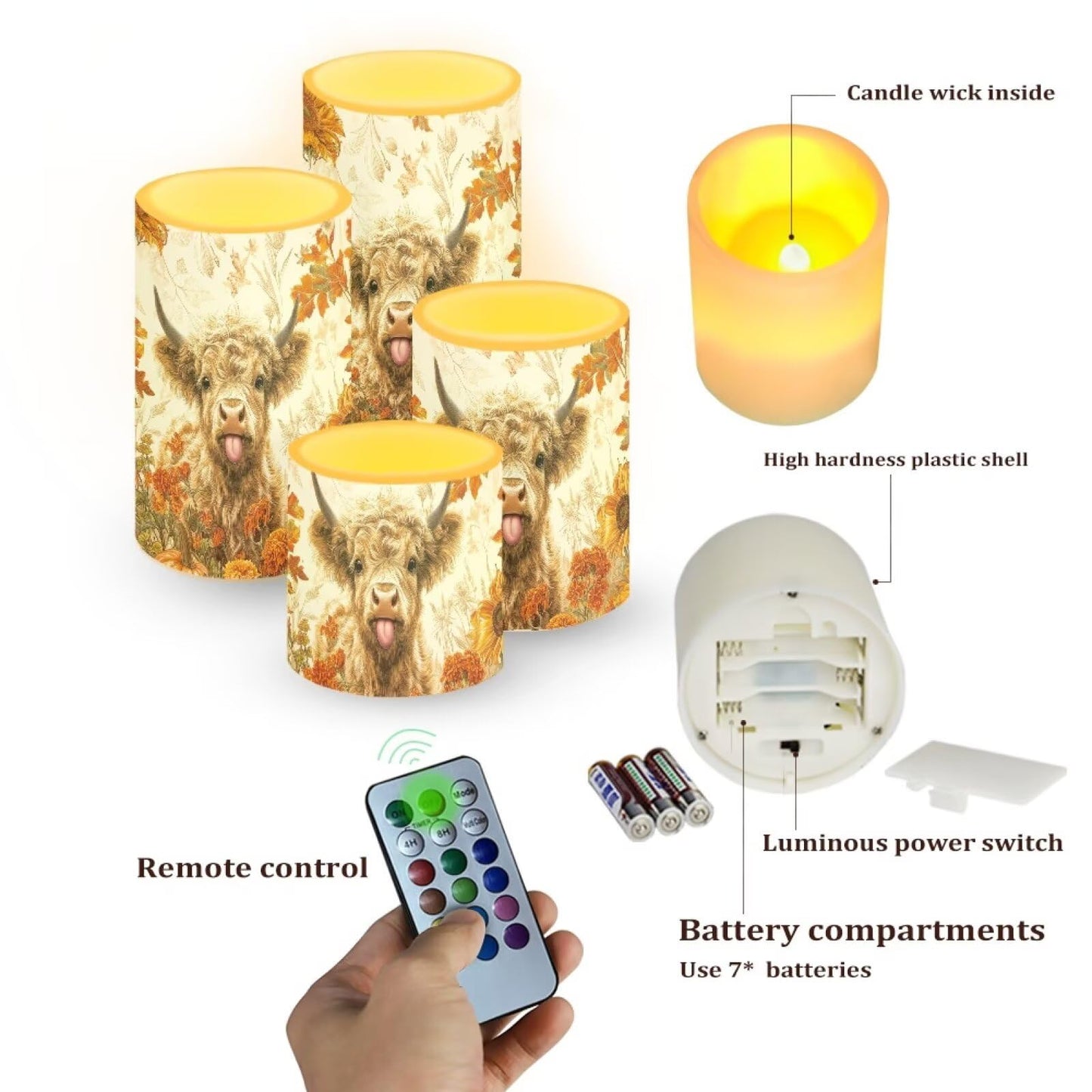 NETILGEN LED Flameless Candles Set of 4 Battery Operated with Remote Control Timer Dancing Flame Pillar Candles Thanksgiving Day Maple Leaf Highland Cow