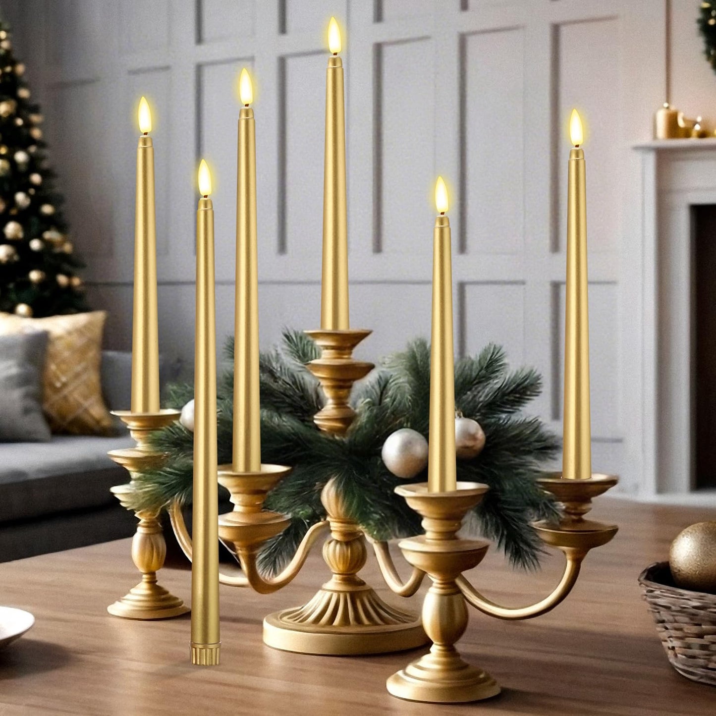 Rossesay 64 Pcs Wedding Flameless LED Taper Candles Battery Operated Candles 4 Sizes of 8.5'', 9.65'', 10.83'', 12.8'' Candlesticks Flickering for Halloween Christmas Church Wedding(Gold)