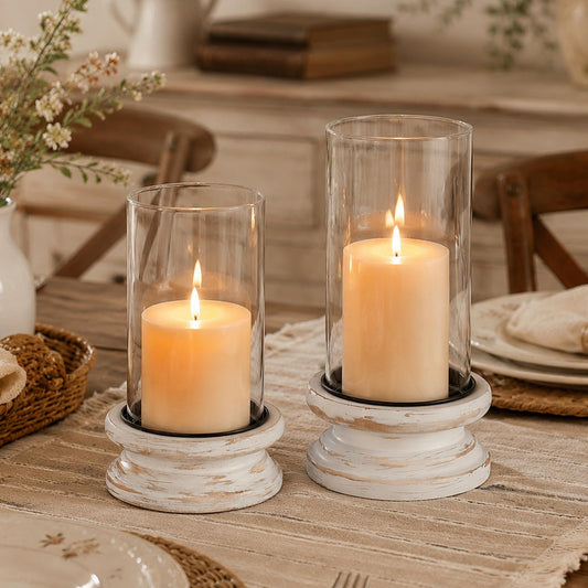 Hewory Hurricane Glass Candle Holder: Rustic White Candle Holders for Pillar Candles, Vintage Decorative Wood Stand with Clear Cylinder Glass for Table Centerpiece Fireplace Mantel Farmhouse Decor