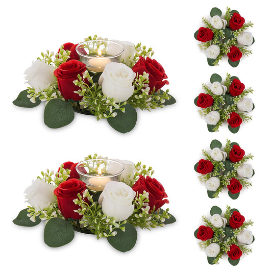 NUPTIO Flower Wreath for Table Centerpieces: 9.05 Inch Small Crimson & White Candle Rings for Wedding Party Christmas Decorations - Rose Wreaths for Spring Summer Front Door Porch Decor 6 Pcs