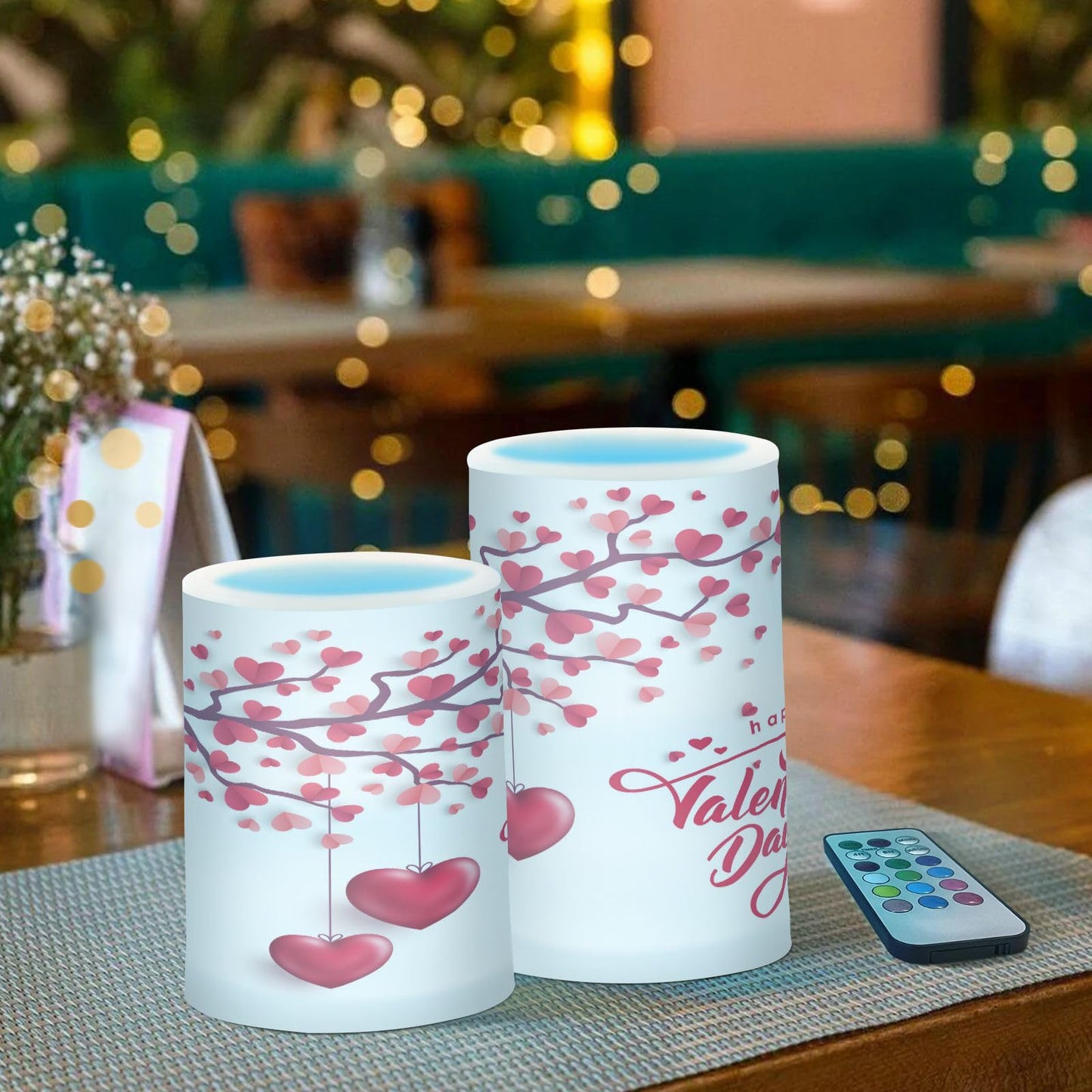 Eionryn Happy Valentine's Day Flameless Candles Red Heart Love Tree Spring Flowers Battery Operated LED Candles with Remote Timer Electric Candles for Home Party Decor 2pcs