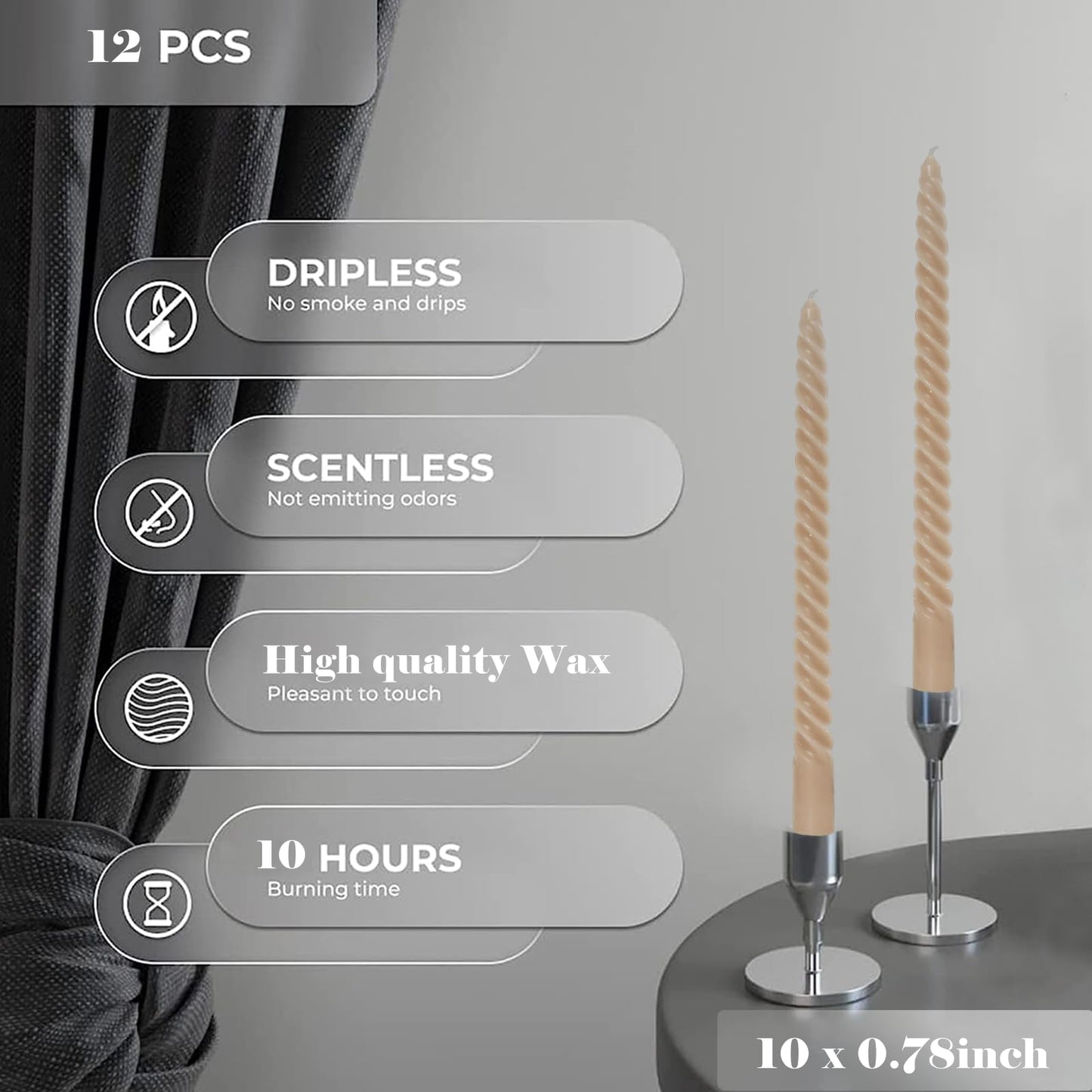 Mocha Beige Taper Candles Stick Brown Spiral Taper Candles-Set of 12 for Fall Decoration Weddings Party Church-Unscented Candles,10inch(F-Mocha Beige)
