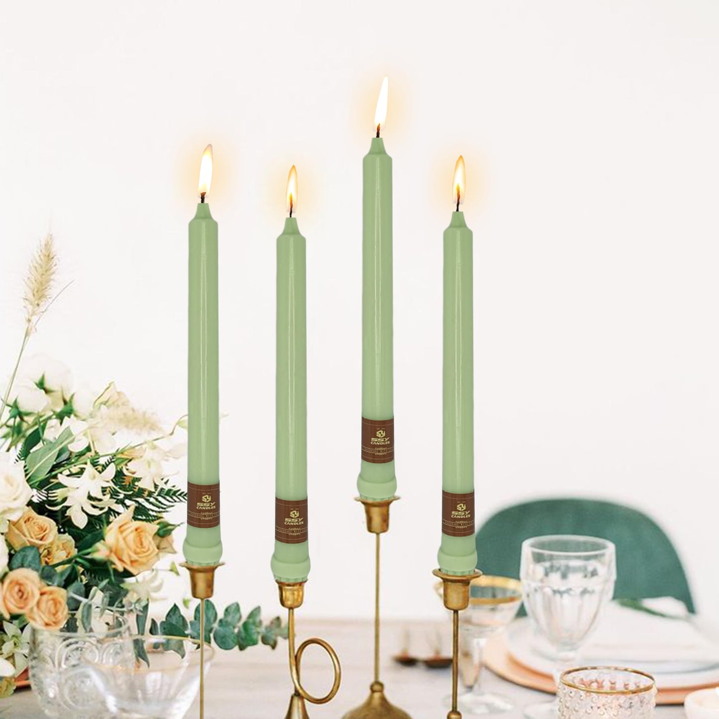 Green Taper Candle 10 Inch Long Candlesticks Unscented Dripless Tapered Candle Set for Home Decor Wedding Party Dinner Candles, 4 Pack