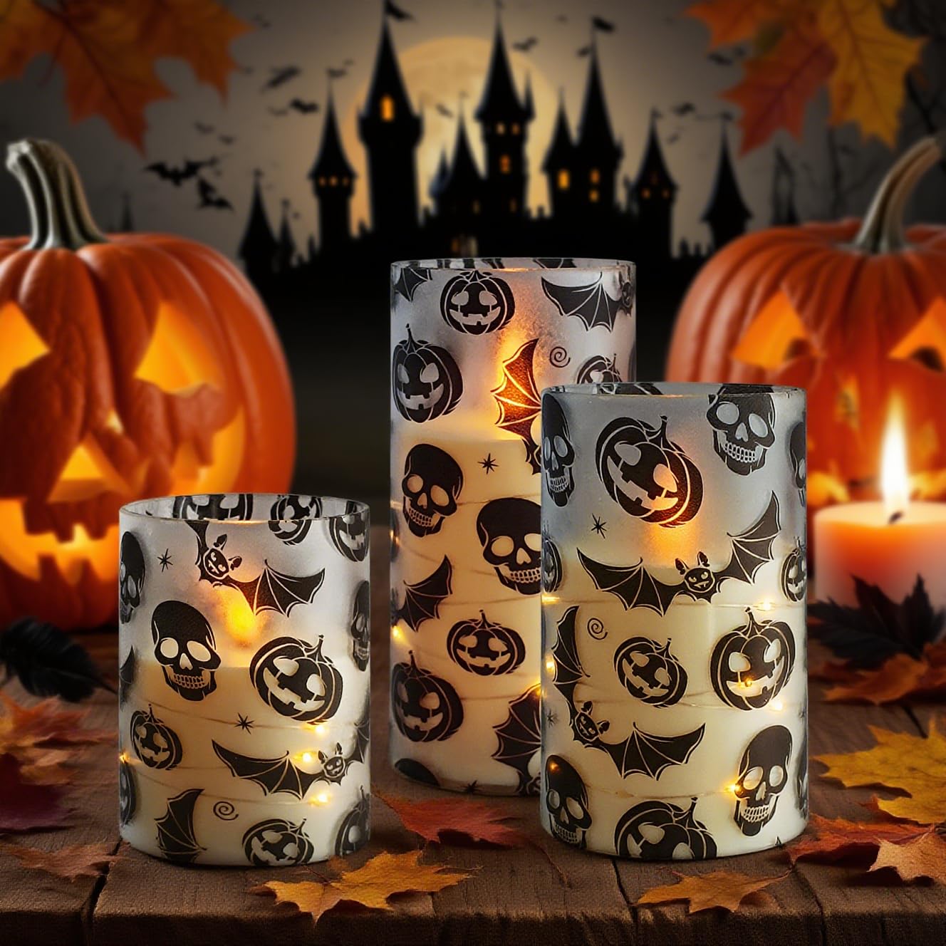 Flickering Flameless Candles Halloween Bat Embedded Star String Lights, Battery Operated Acrylic LED Pillar Candles with 11-Key Remote and Timer for Home Decoration, 3 Pack