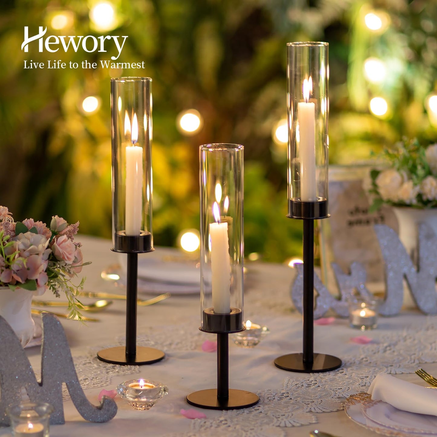 Hewory Black Candlestick Holders Hurricane Candle Holder, 12Pcs Candle Stick Candle Holder Candelabra, Taper Candle Holders with Glass Candle Cover for Wedding Table Centerpiece Christmas Decor