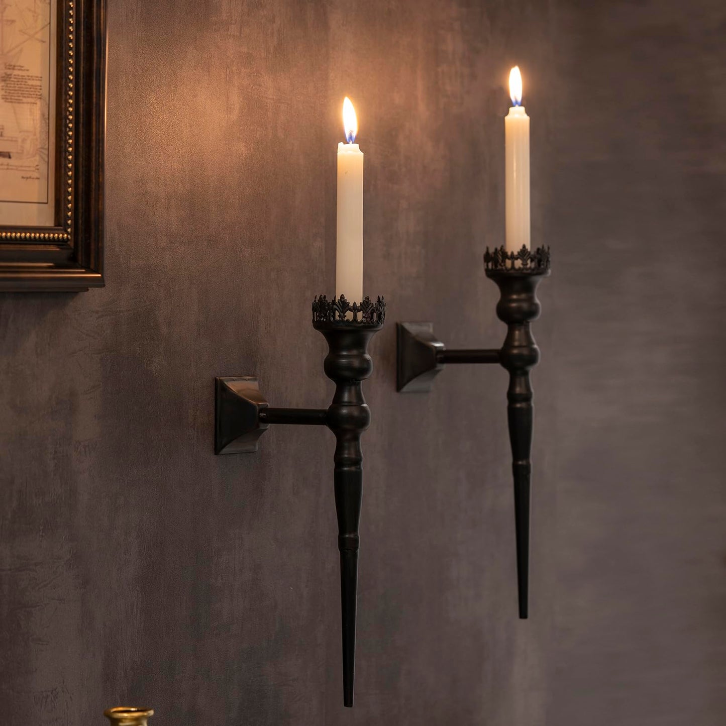Woparty Gothic Wall Sconce Candle Holder for Taper Candles (Set of 2) Black Iron Crown and Scepter Design Victorian Wall Decor for Living Room, Bathroom,Dining Room