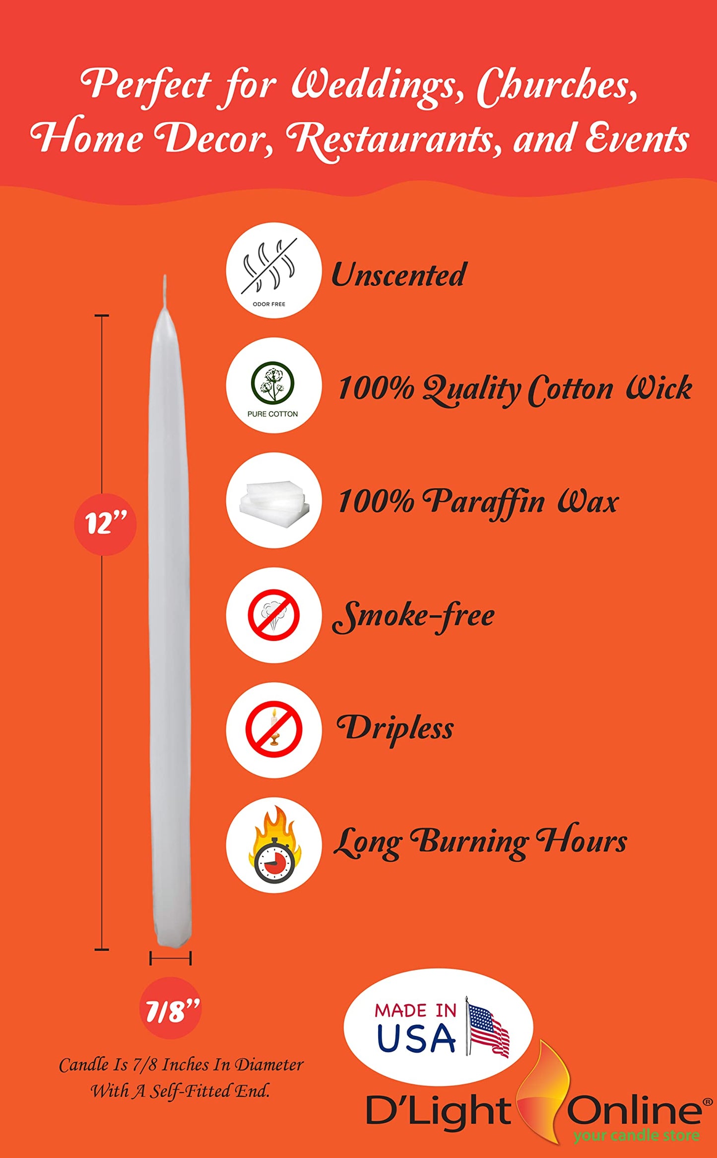 12 Inch Taper Candles, Premium Quality Candles Hand-Dipped Tapered Candles, Dripless, Smokeless and Unwrapped Bulk Pack for Events - Set of 12 (12 Inches, White)