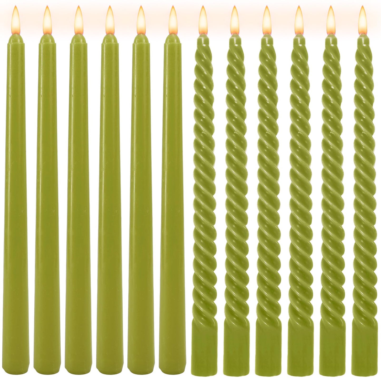 Whaline 6 Pack Olive Green Taper Candles and 6 Pack Spiral Candles Set 10 Inch Elegant Dripless Twisted Wax Candle Long Unscented Candlesticks for Spring Wedding Dinner Party Home Table Decor