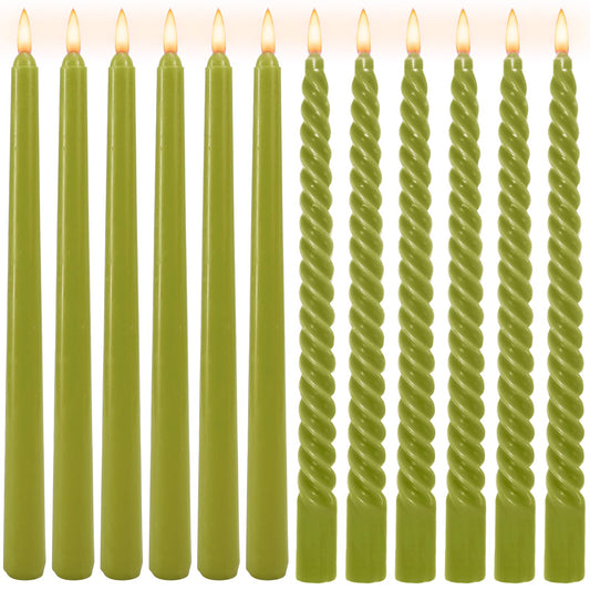 Whaline 6 Pack Olive Green Taper Candles and 6 Pack Spiral Candles Set 10 Inch Elegant Dripless Twisted Wax Candle Long Unscented Candlesticks for Spring Wedding Dinner Party Home Table Decor