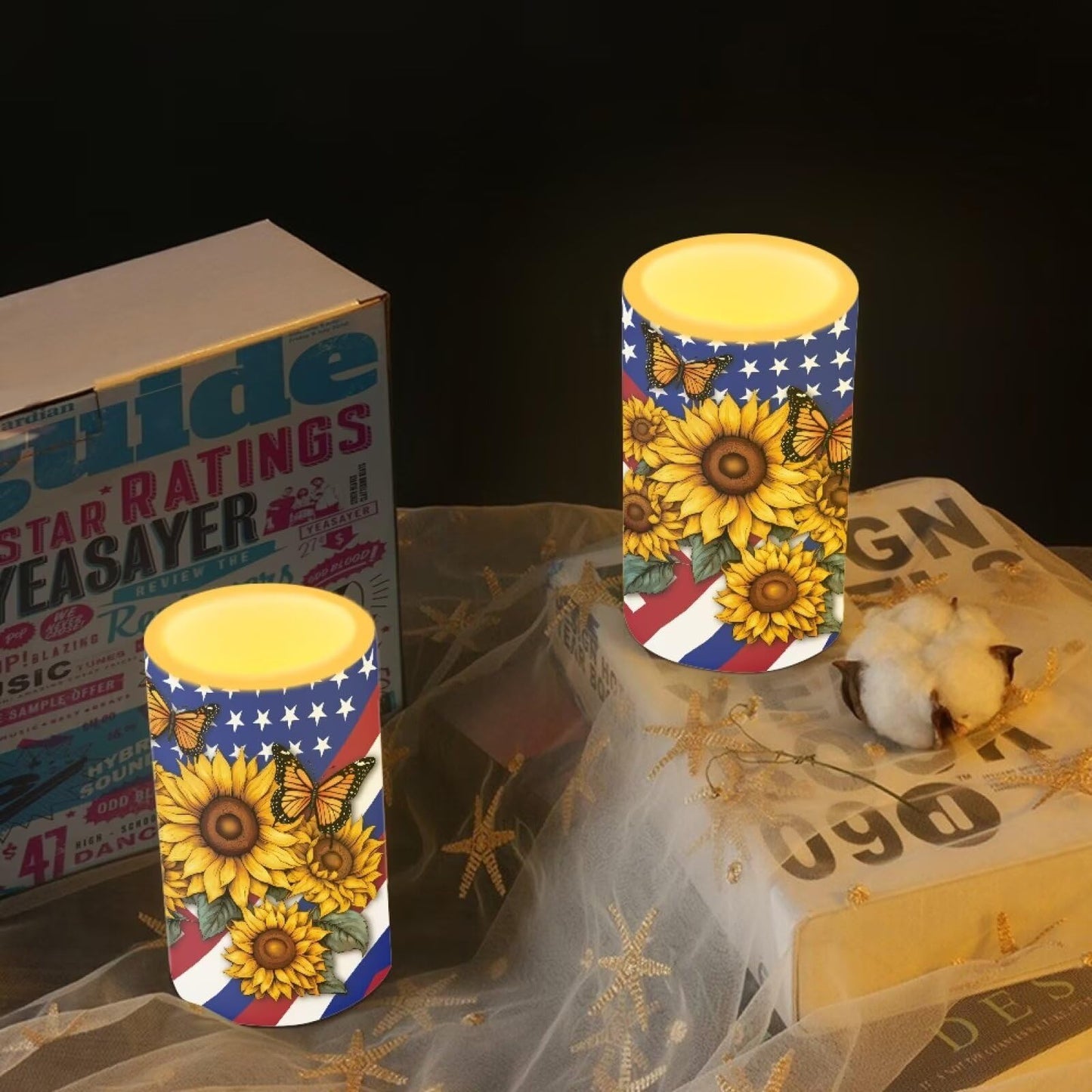 Luarisgur Independence Decorations Indoor Candles with Butterfly Sunflower American Flag Flameless Candles with Remote and Timer Set of 2 Battery Operated LED Candles for Festival Gift Home Room Decor