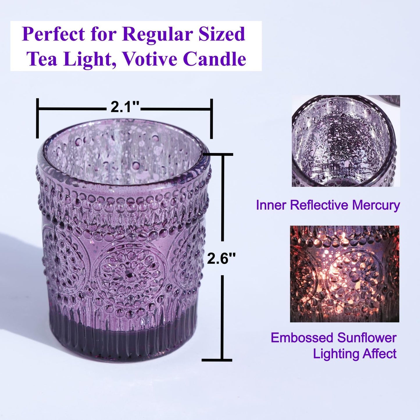 VOHO 12pcs Sunflower Purple Votive Candle Holders for Table Centerpiece, Mercury Tealight Candle Holder for Wedding Decor, Boho Tea Light Candle Holder Glass Gifts for Easter Halloween(2.1x2.6 In,W/H)
