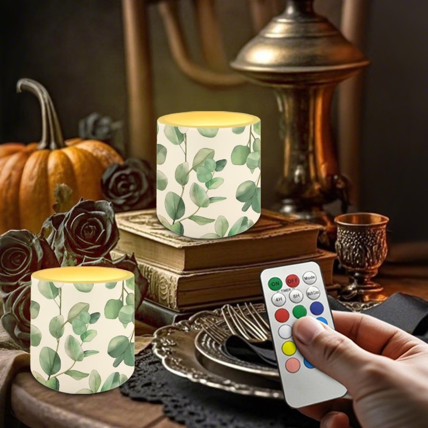 Cozeyat Green Plants Realistic Flickering Flameless Candles Set of 4 Battery Powered with Remote Control Timer LED Pillar Candles for Indoor Outdoor Use