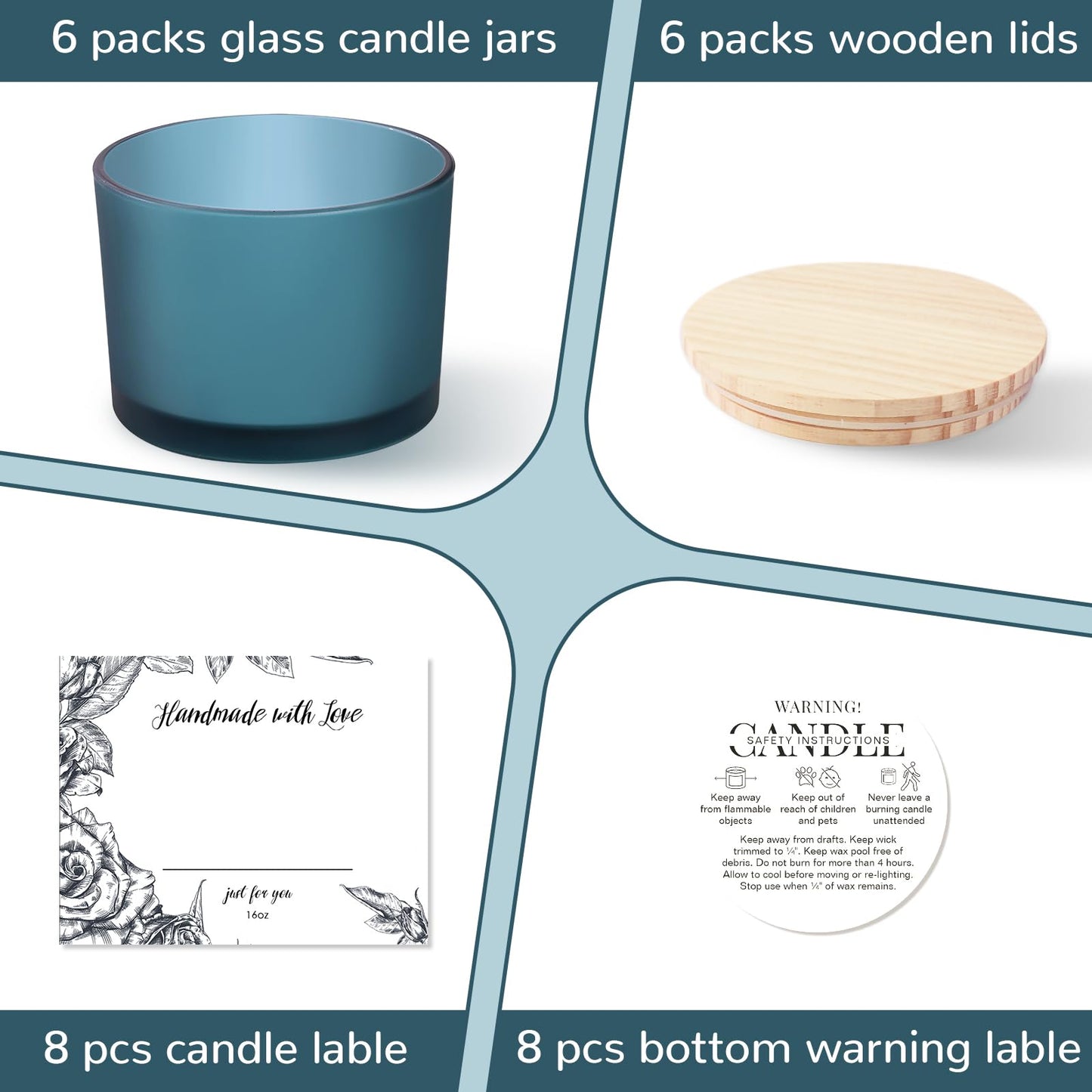 6 Pack Glass Candle Jars with Lids (16oz, Frosted Lake Blue) - Large Candle Jars for 3 Wick Candles Making - Empty Candle Jars Containers - Candle Making Accessories include 16Pcs Candle Labels