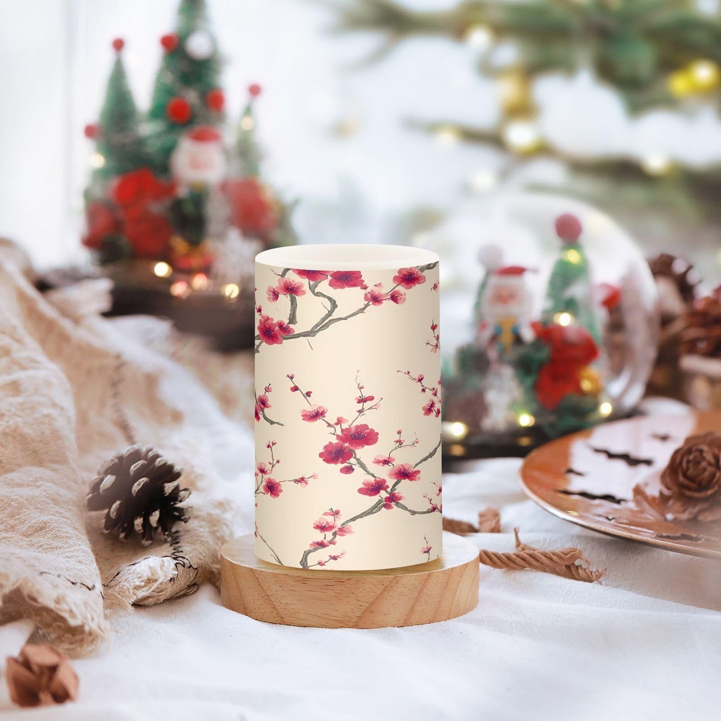 panksolu Flickering Flameless Candles, Red Cherry Blossom LED Candles with Remote Timer, Battery Operated Candle for Valentine Wedding Halloween Christmas Decor - Set of 2