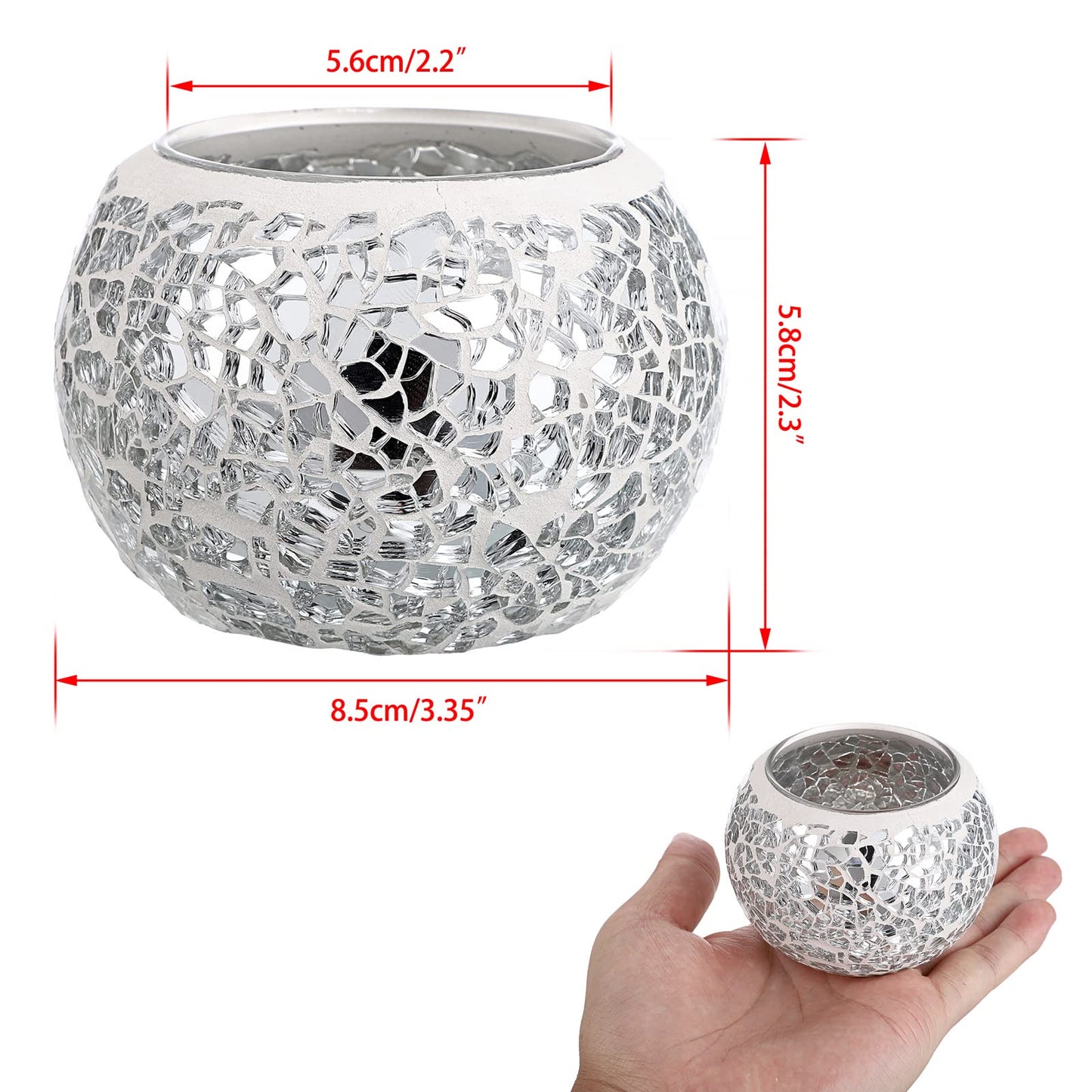 OwnMy 3PCS Mosaic Glass Tea Light Holders Round Bowl Votive Candle Holders Pillar Candle Stands, Silver Glass Mosaic Tealight Holders Potted Plant Bowl Vase Candle Centerpiece for Dining Table Wedding