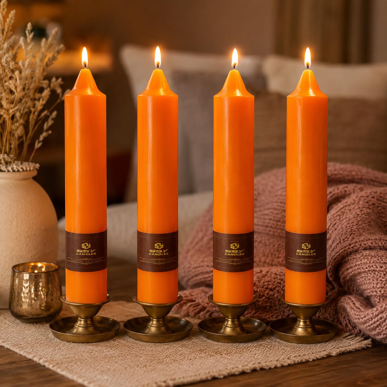 Orange Short Taper Candles Set of 4, 7 Inch Handmade Candle Stick, Unscented Tapered Candles, Taper Candles for Wedding Dinner Table Home Decor Party Gift