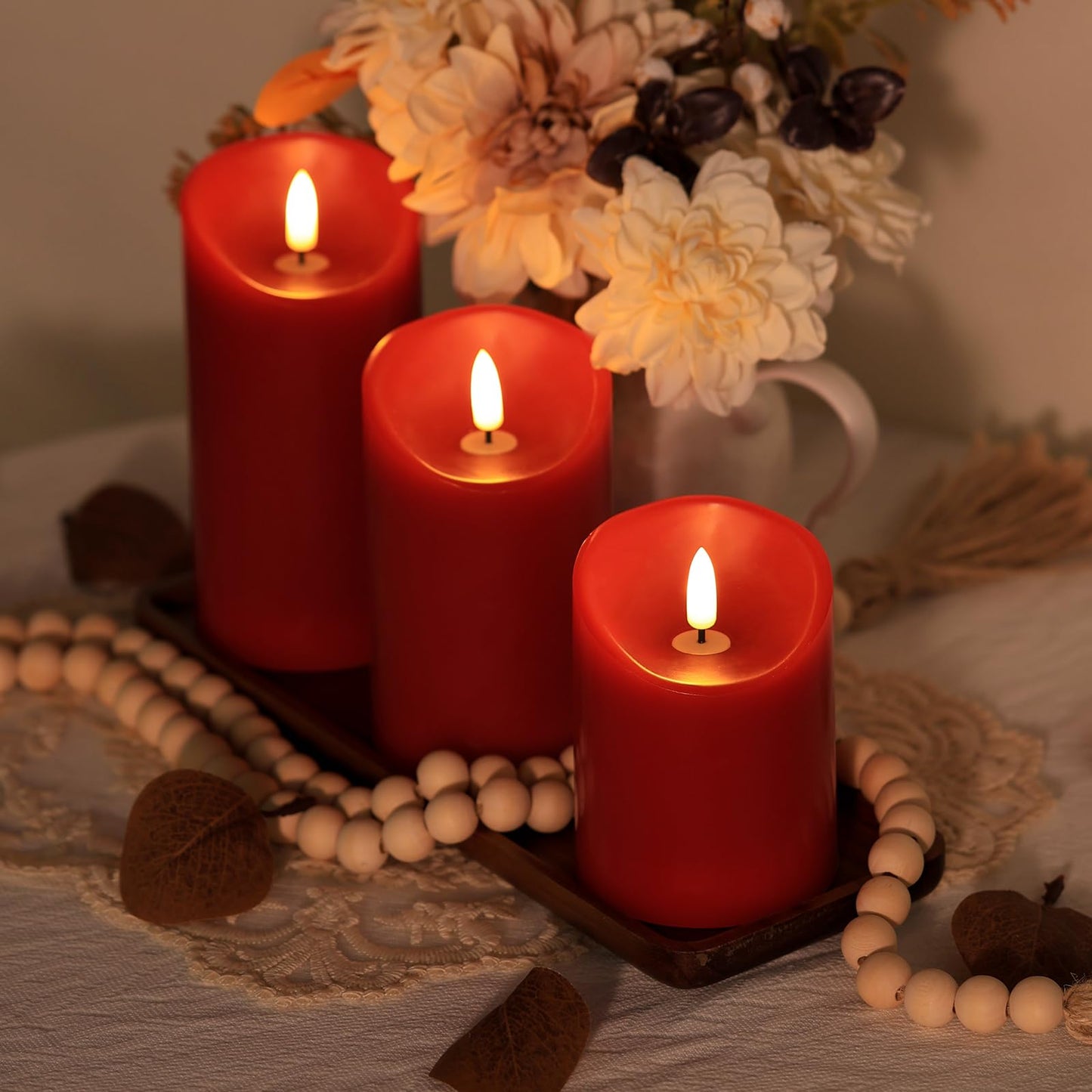 Battery Operated Candles, Real Wax Red LED Candle Flickering Flameless Candles with Remote, 3D Wick Fake Candles for Christmas, Thanksgiving, Home Decor, Party, Gifts, Set of 3, D3"x H4"/5"/6"