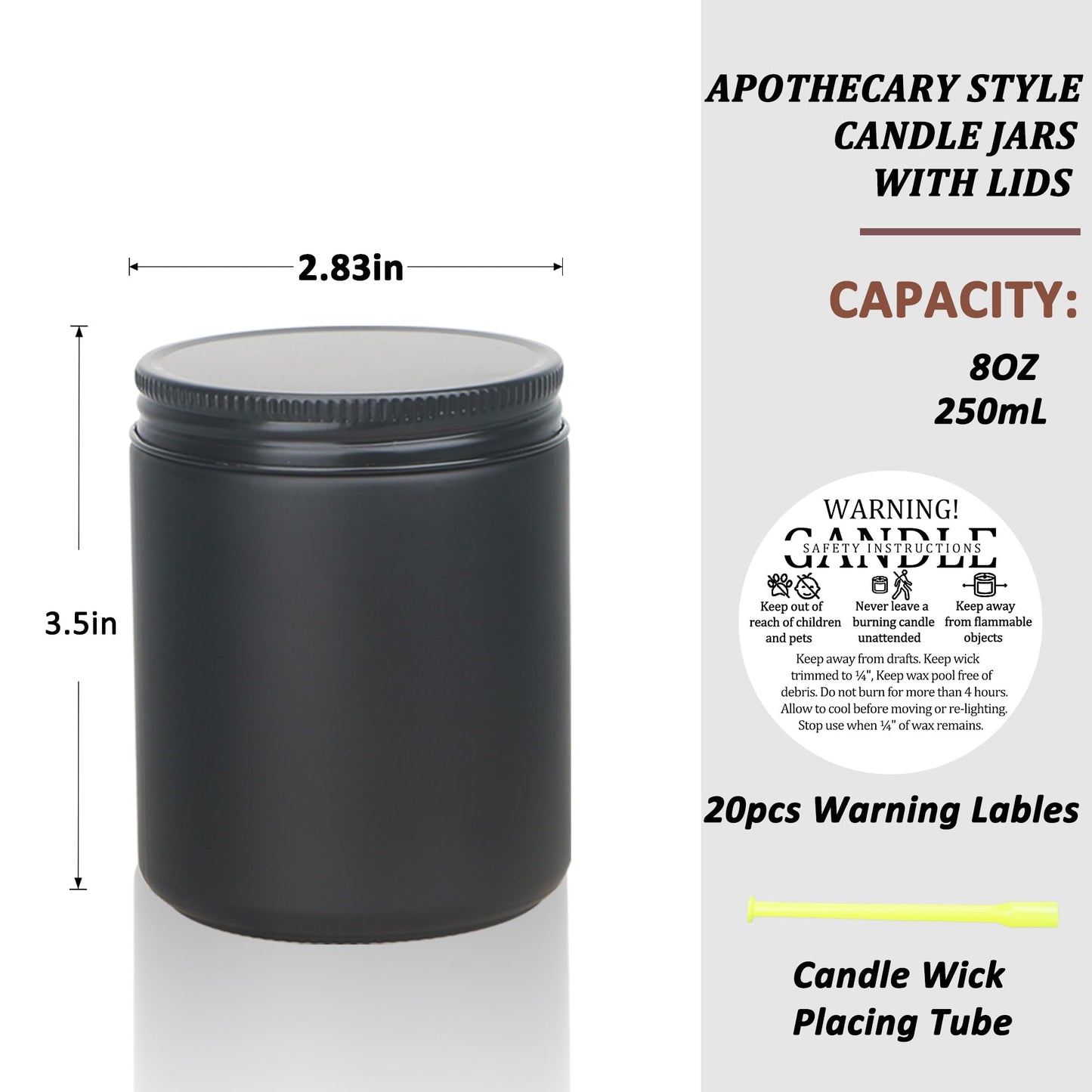 MILIVIXAY 20 Pack 8 OZ Thick Glass Matte Black Candle Jars with All Black Metal Lids-Bulk Empty Candle Jars for Making Candles-Canning Jar for Spice, Liquid, Sample- Dishwasher Safe.