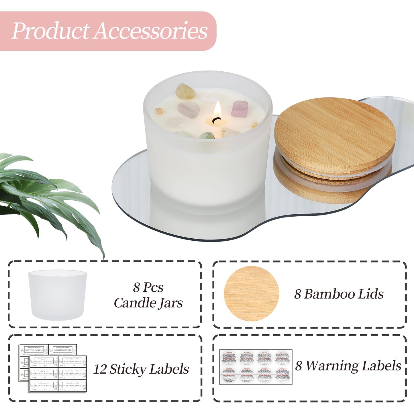 CONNOO 8 Pack 12 OZ Frosted Glass Wide Mouth Candle Jars for Making Candles with Airtight Bamboo Lids Nice Sticky Warning Labels for Candle Making Empty Container Bulk - Dishwasher Safe