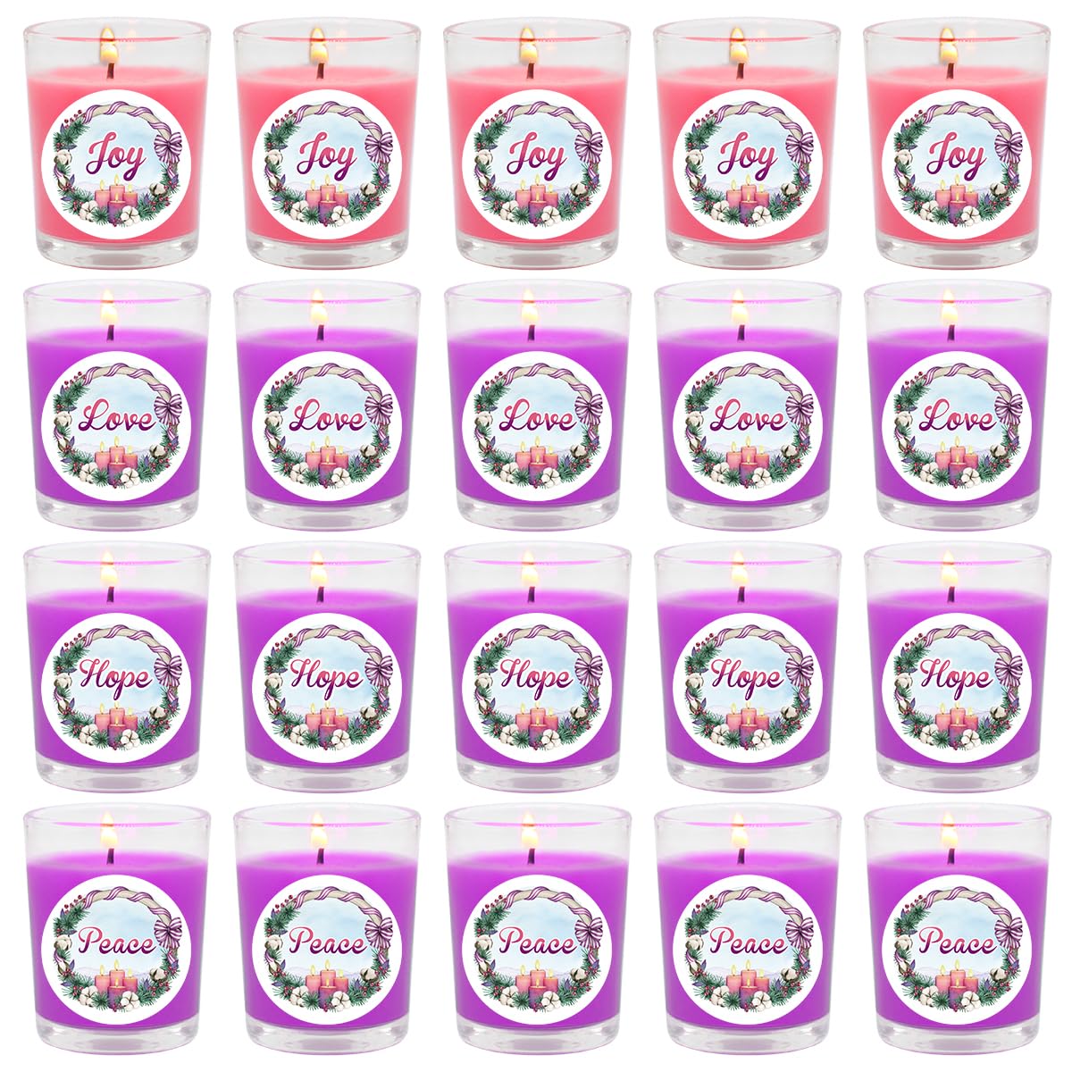 20 Packs Unscented Christmas Advent Votive Candles in Glass, Small Natural Soy Wax Colored Candles with 20pcs Stickers of Hope, Peace, Joy and Love - 5 Pink and 15 Purple