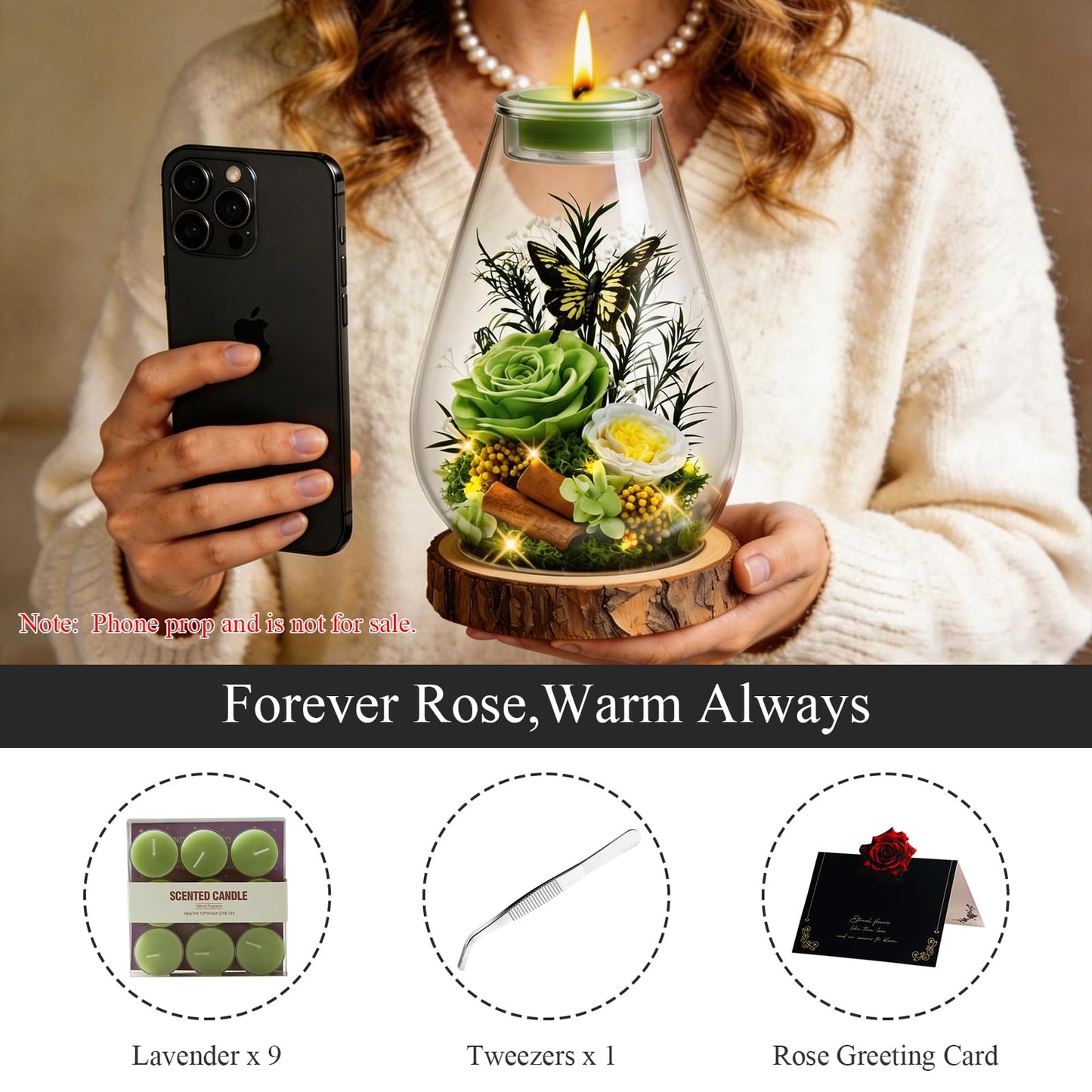 Birthday Gifts for Women Preserved Flowers Green Roses Candle Holder in Glass Dome Gift for Mom Birthday Gift Forever Flowers for Anniversary Real Flowers Eternal Rose for Proposal Wedding