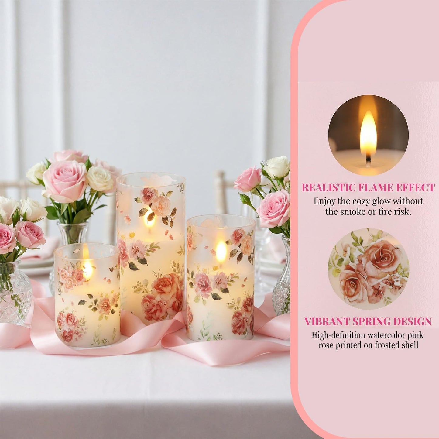 Wondise Glass Flameless Candles Remote Timer Pink Rose Battery Operated Flicker Pillar Candles for Wedding Centerpiece Spring Easter Farmhouse Home Decoration, Set of 3