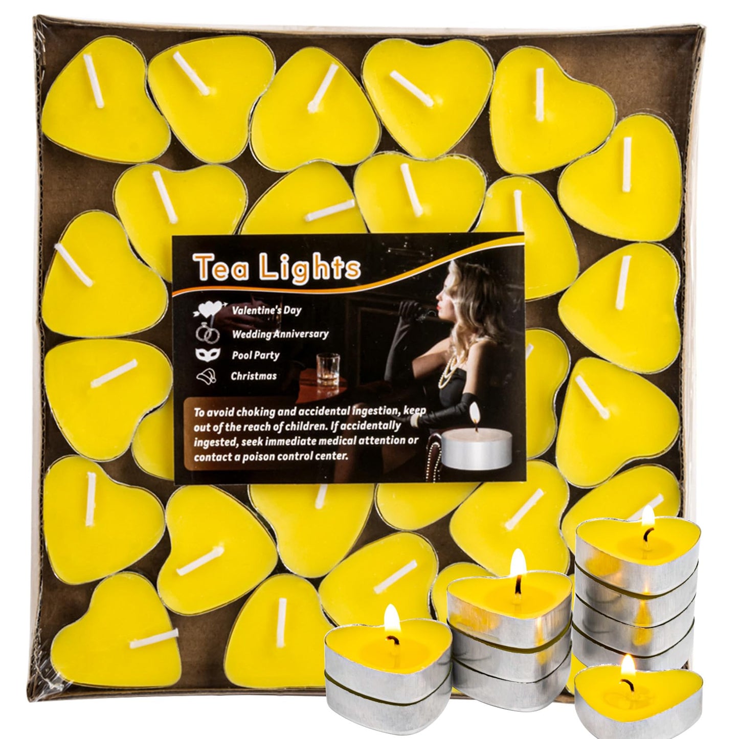 MAQIHAN Tea Lights Candles Set - 30 Pcs Heart Shaped Tealight Candles Smokeless Tea Candle Unscented Soy Candle for Dating, Weddings, Anniversaries(Yellow)