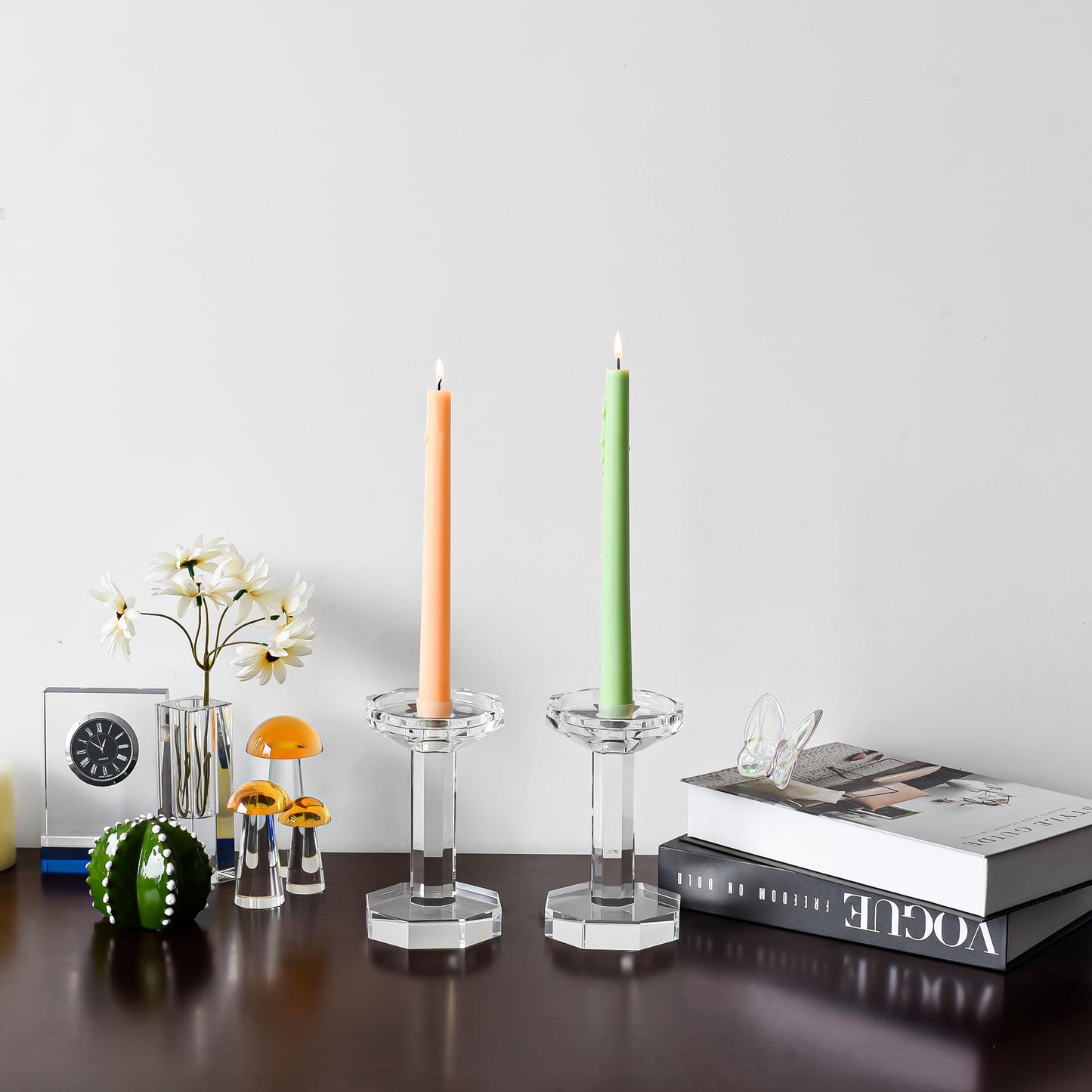 kitCom Crystal Candle Holders Set of 2, 6.1 Inch Tall Crystal Candlestick Holders for Taper, Long Candles - Home Decoration, Wedding, Housewarming and Graduation Gifts