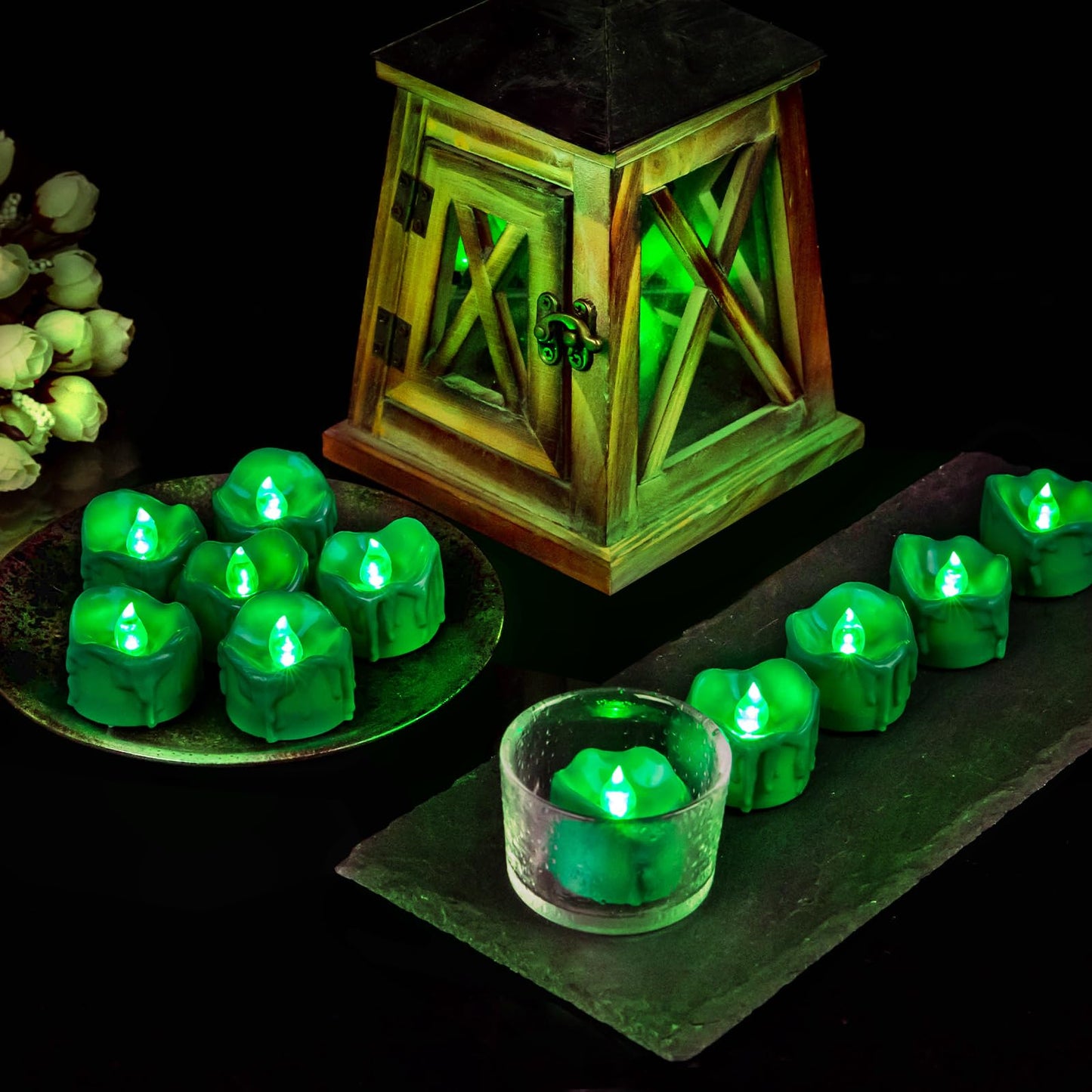 Windshell Green Flickering Flame Tealight Candles with Auto 6H Timer (No Remote), Battery Operated LED Flameless Tea Lights with Melting Design, for St Patrick Halloween Christmas, 12 Pack